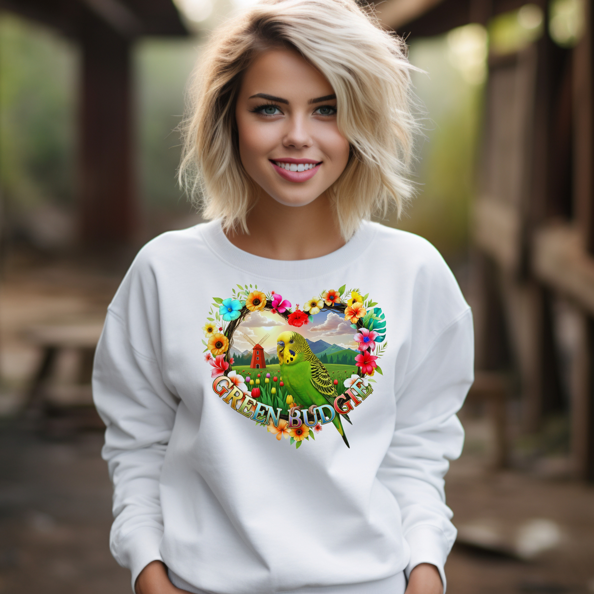 Green Budgie Floral Heart Sweatshirt