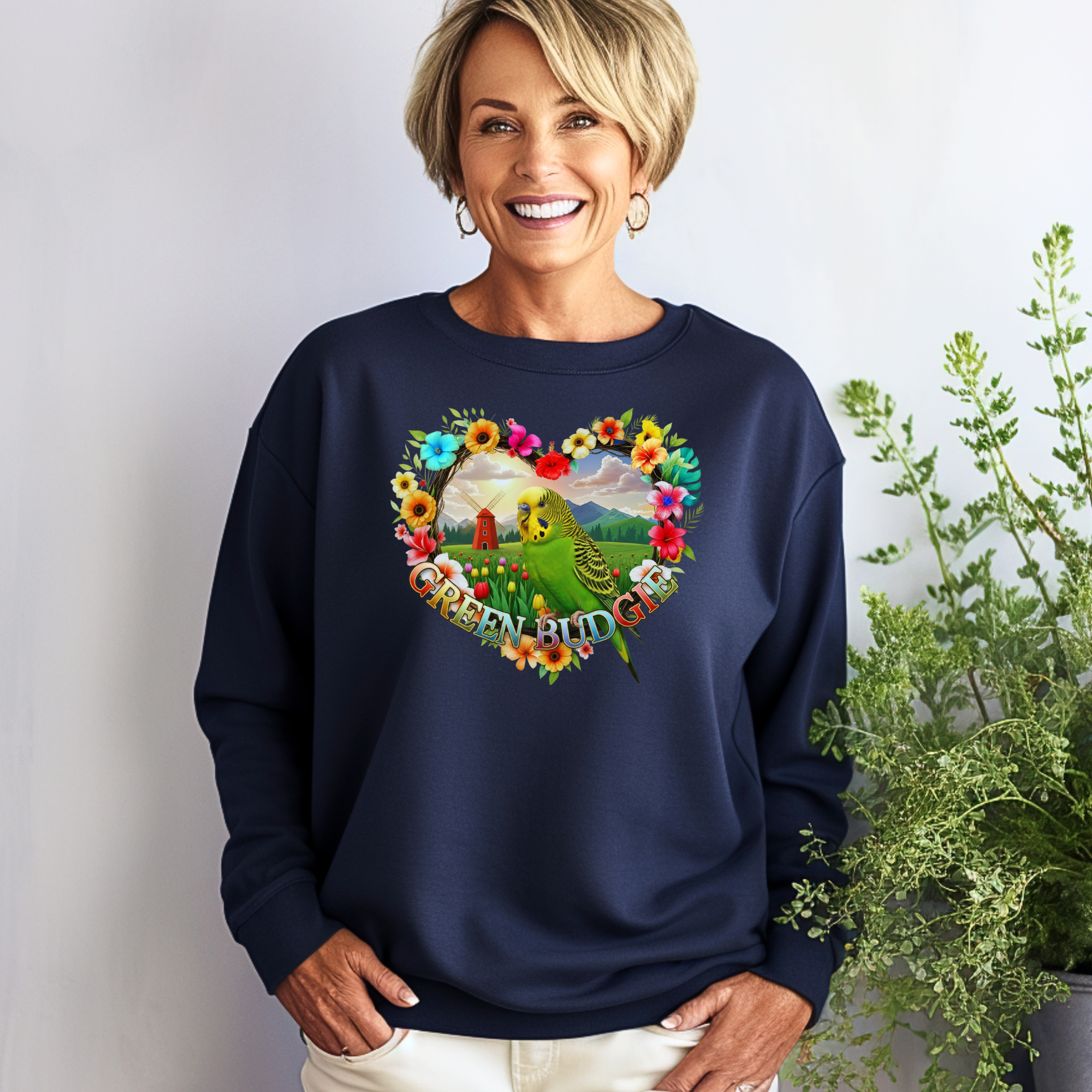 Green Budgie Floral Heart Sweatshirt