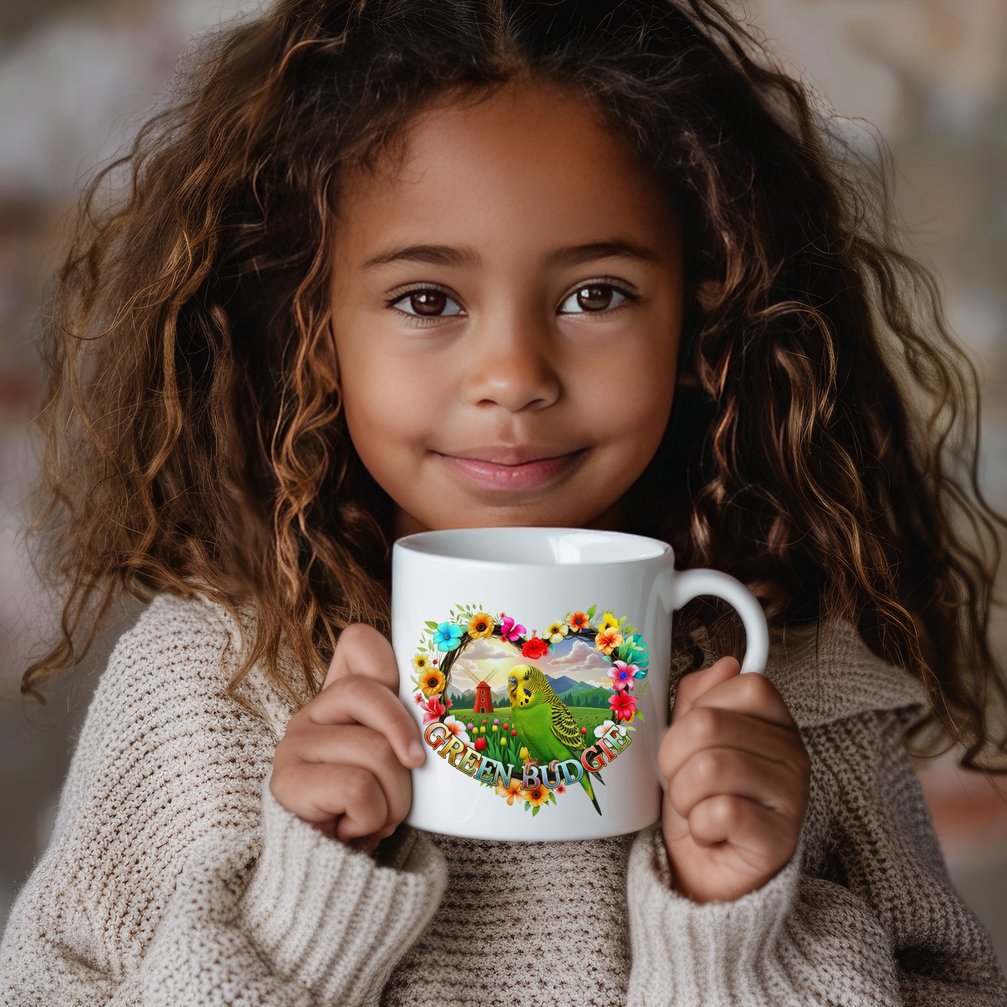 Green Budgie Floral Mug