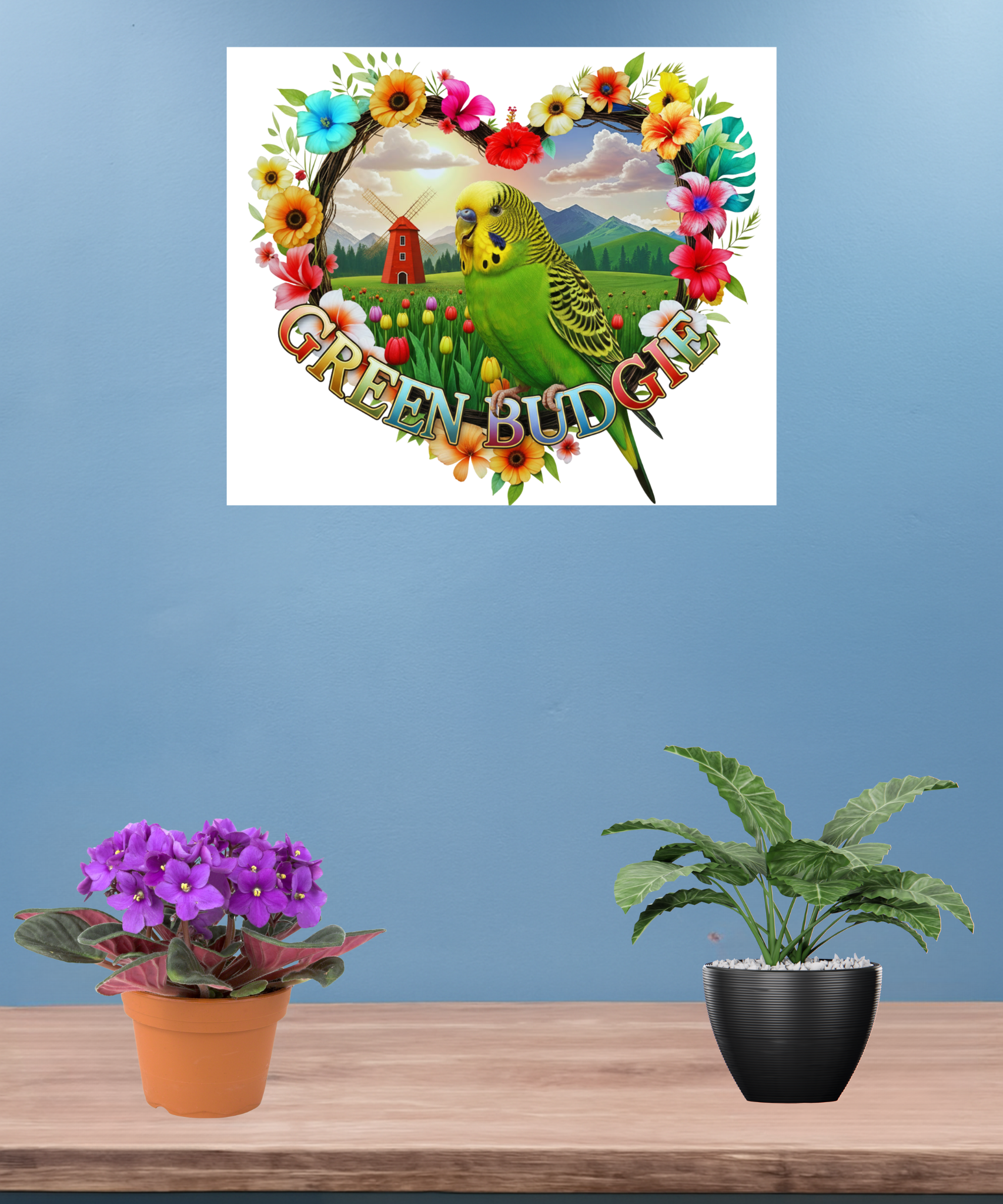 Green Budgie Floral Wall-Hanging