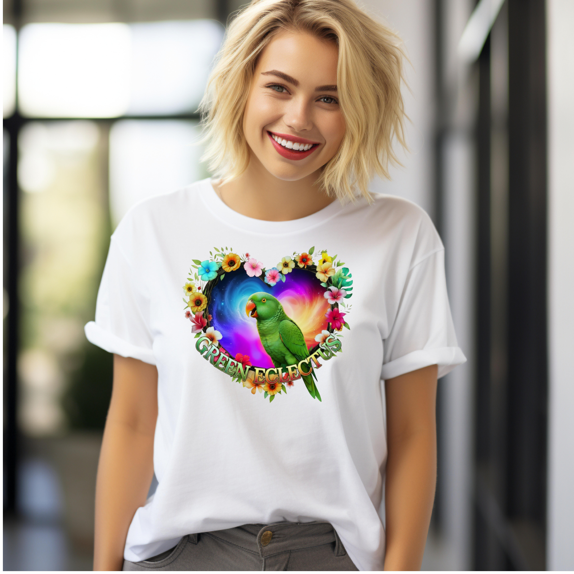 Green Eclectus Floral Heart T-Shirt