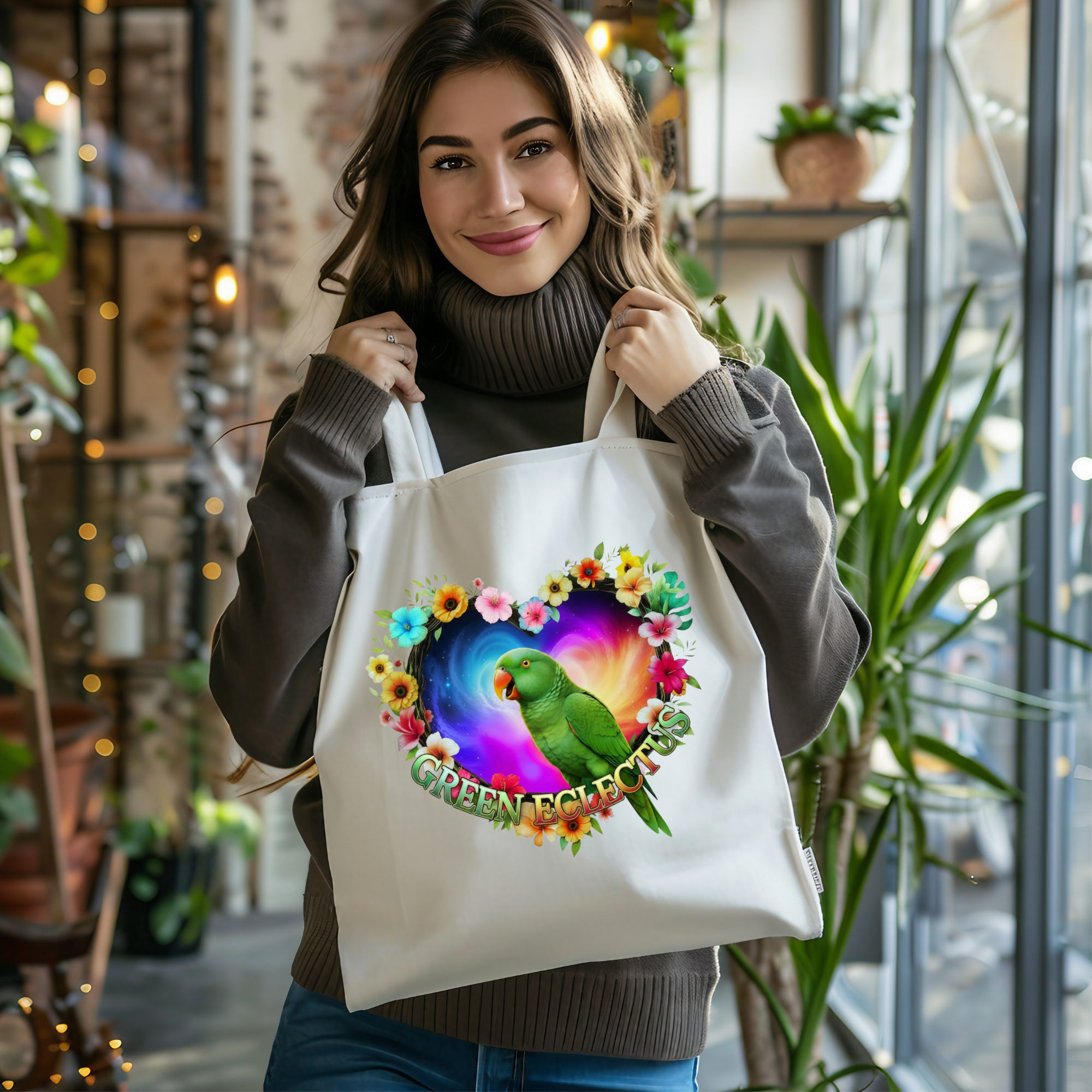 Floral Heart Green Eclectus Tote Bag
