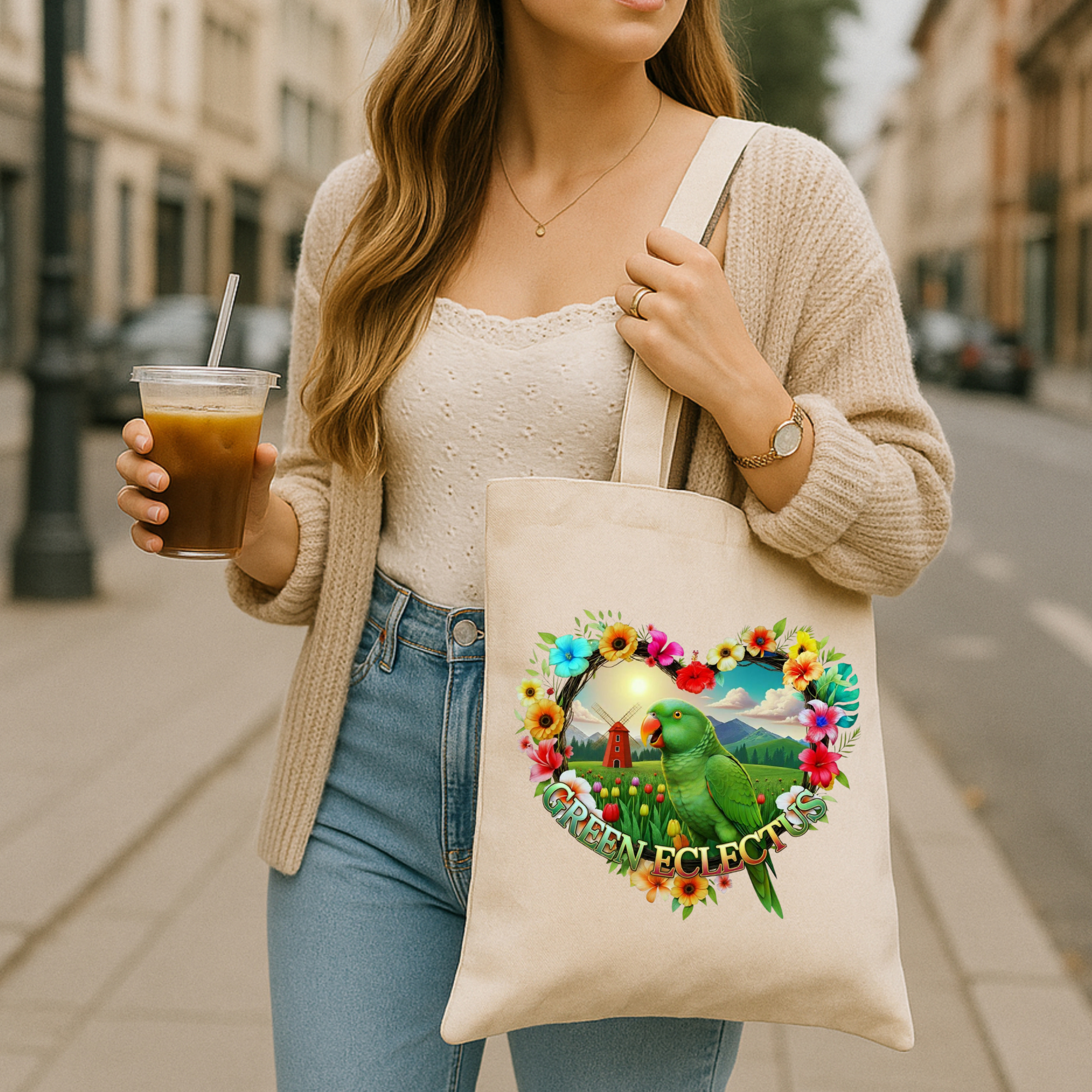 Green Eclectus Floral Heart Tote Bag