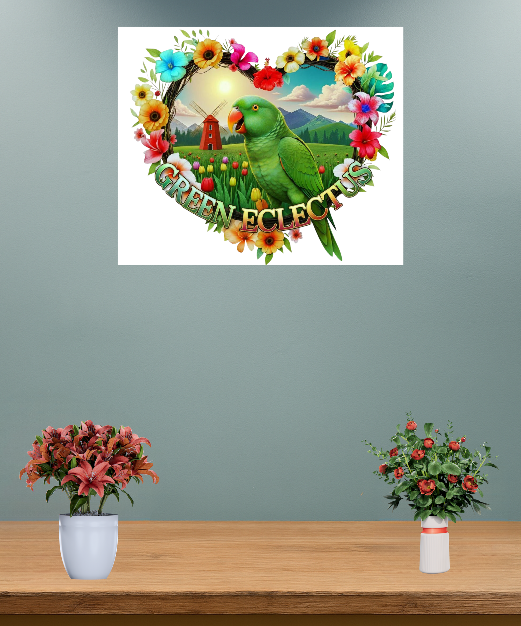 Green Eclectus Floral Heart Wall Hanging
