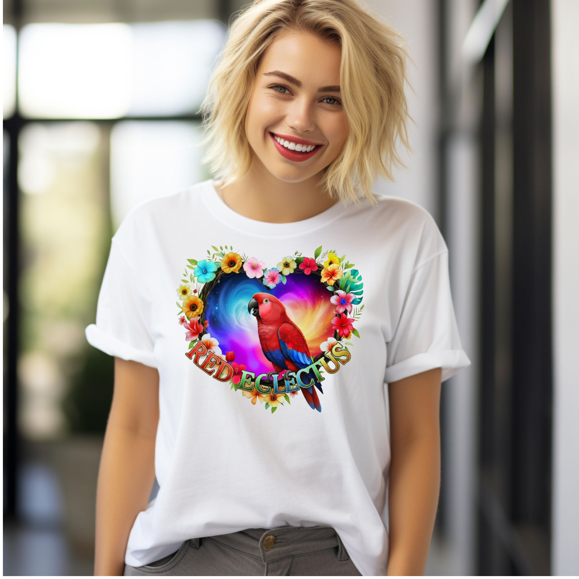 Red Eclectus Galaxy Floral T-Shirt