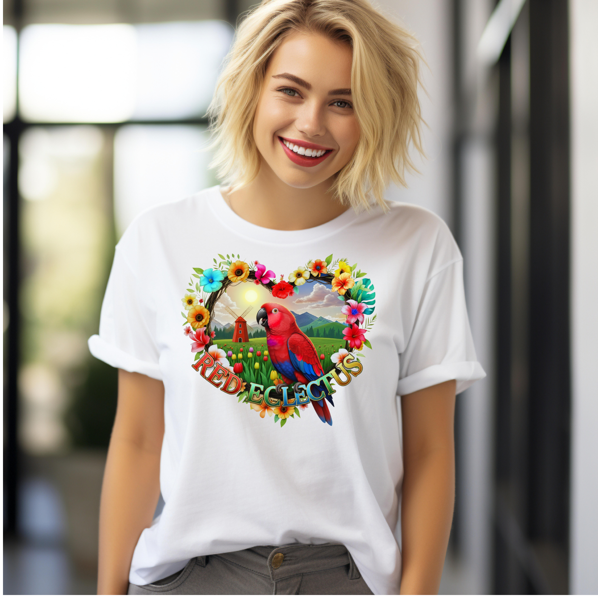 Floral Red Eclectus Scenic T-Shirt