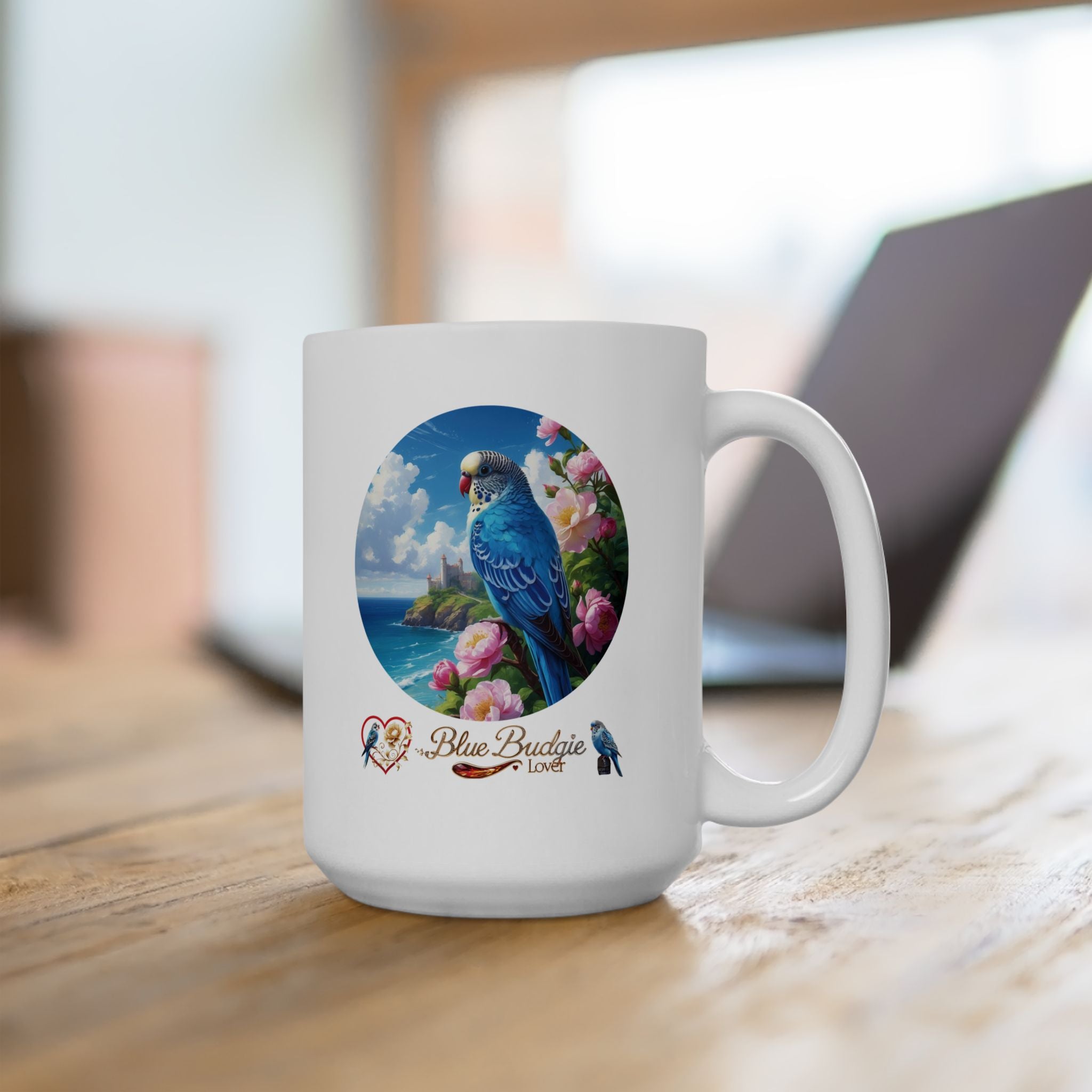 Blue Budgie Lover Floral Lake Mug