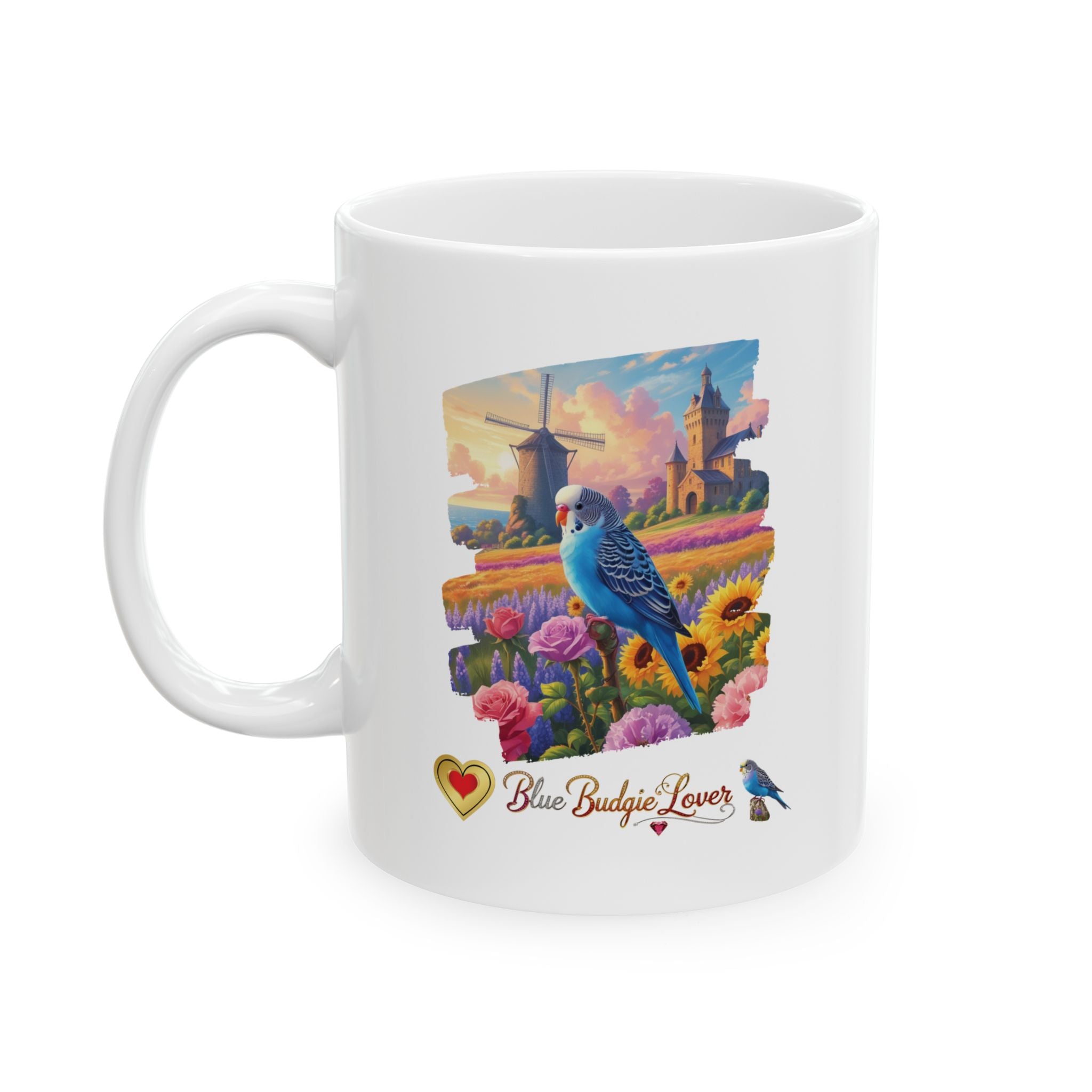 Blue Budgie Lover Flower Field Mug