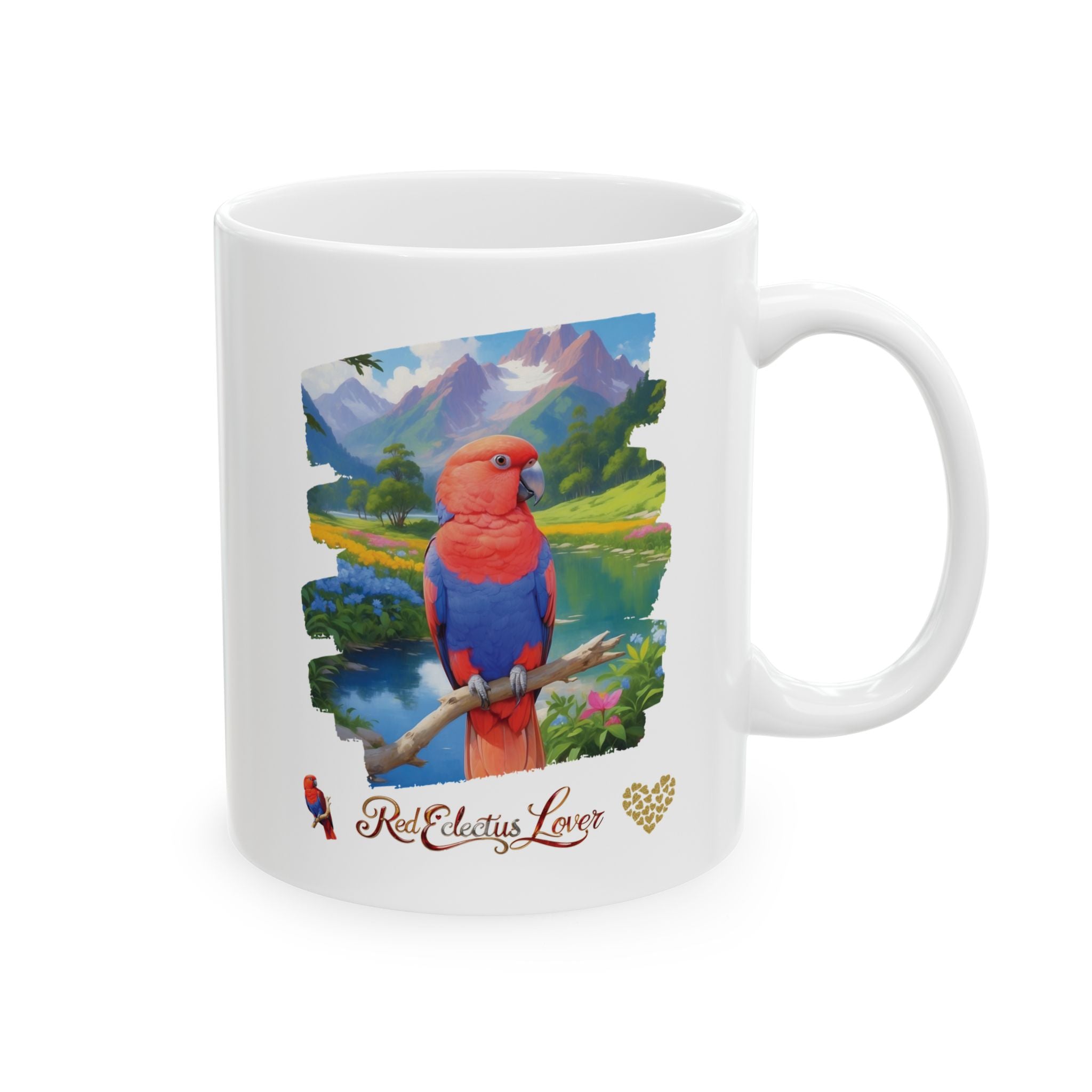 Red Eclectus Lover Mountain Lake Mug
