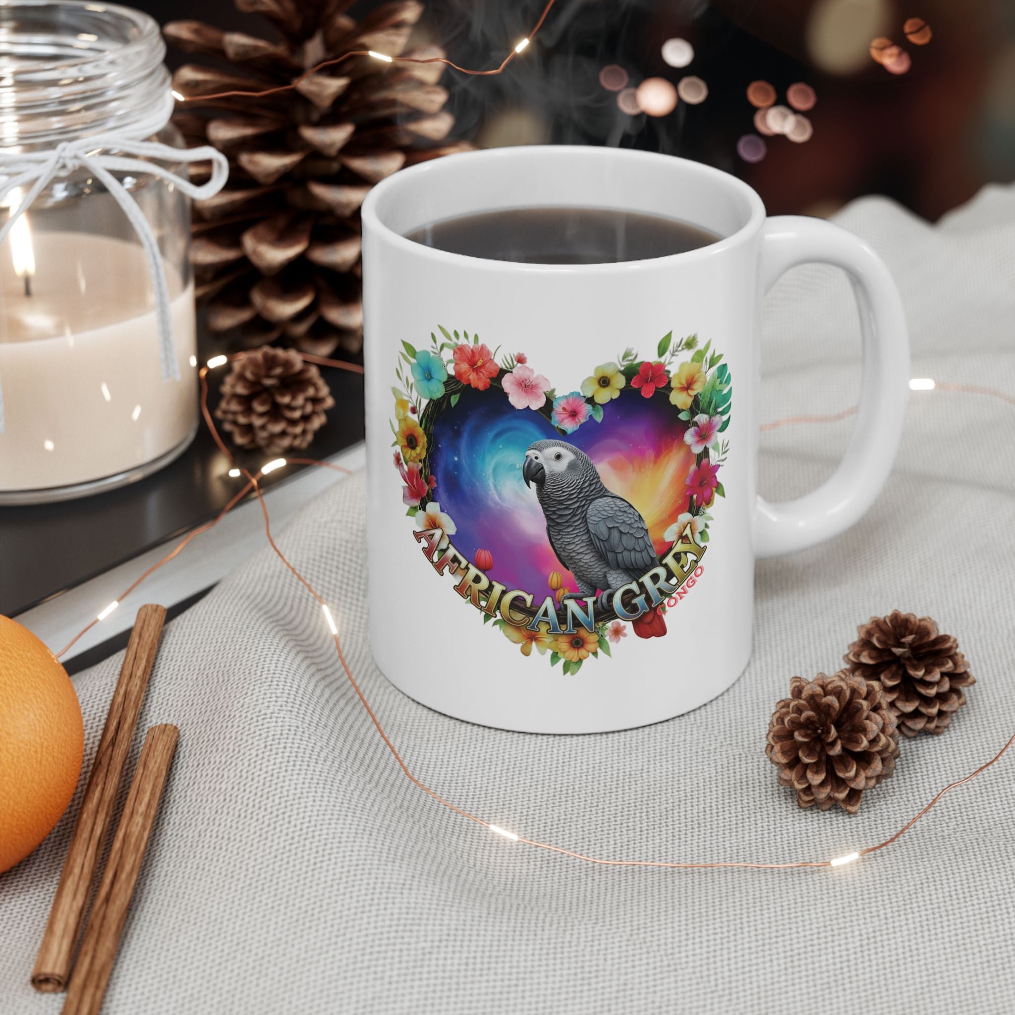 African Grey Floral Heart Mug