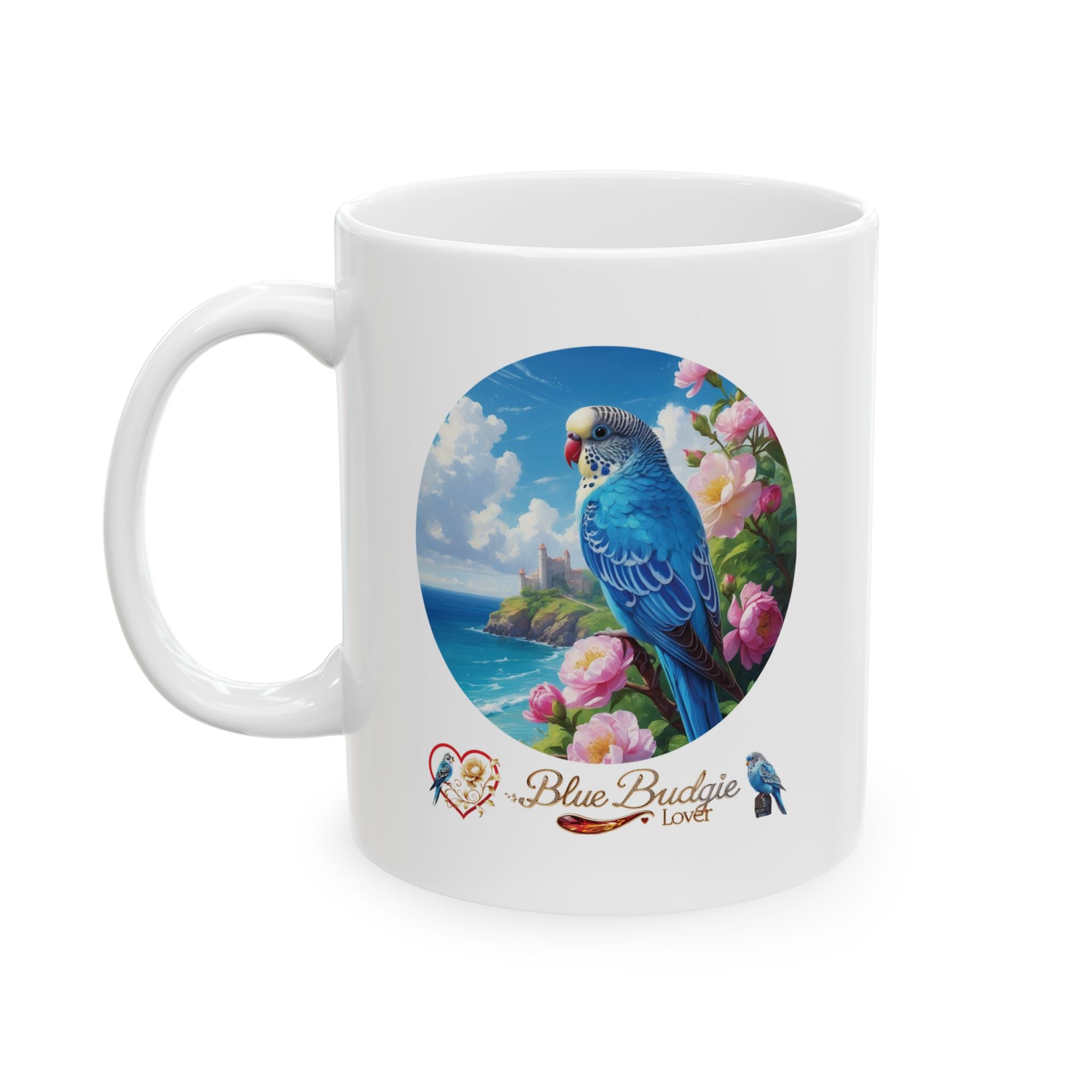 Blue Budgie Lover Floral Lake Mug