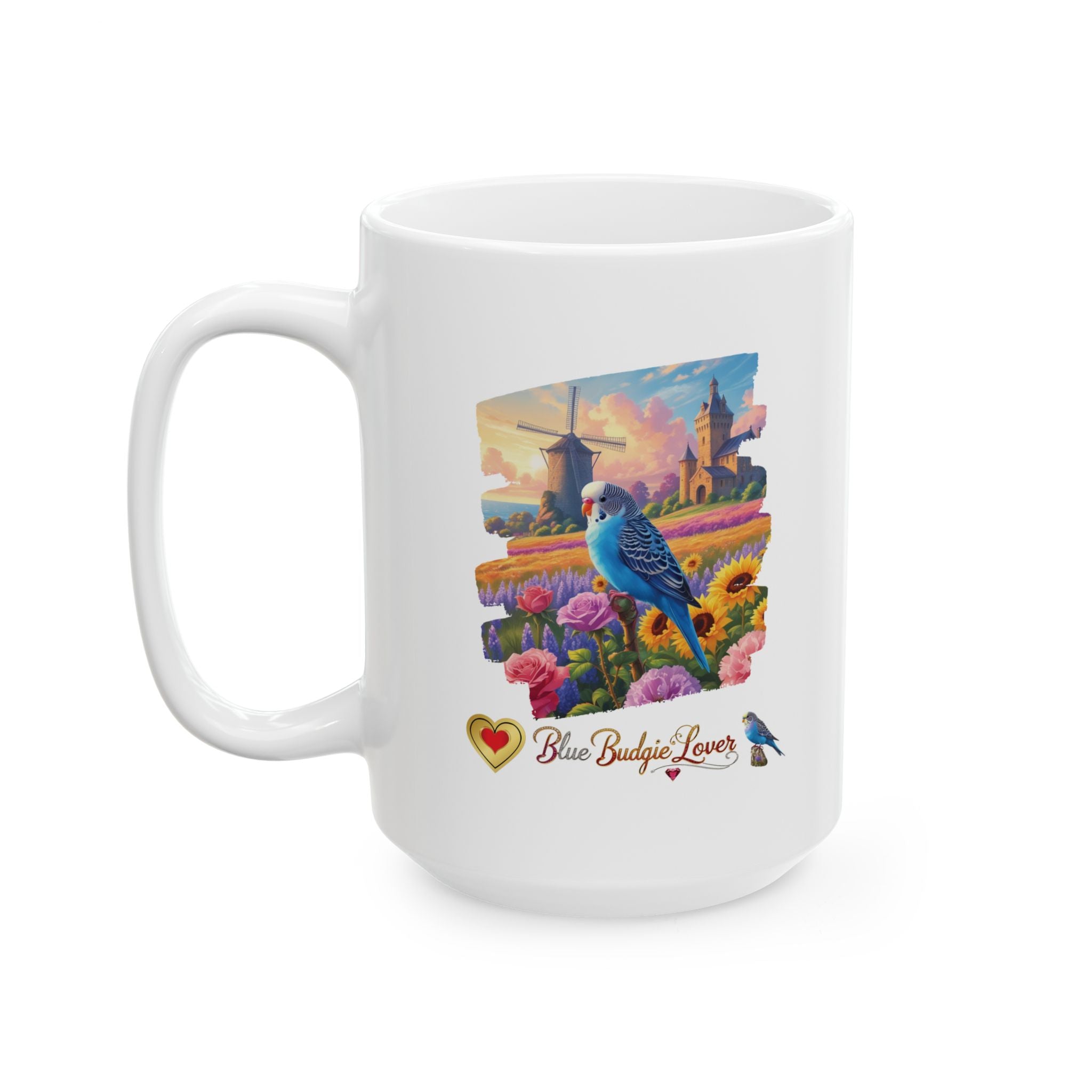 Blue Budgie Lover Flower Field Mug