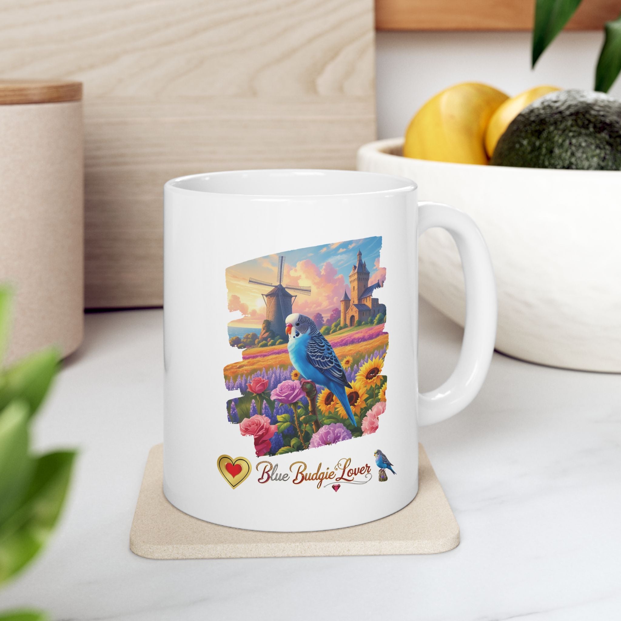 Blue Budgie Lover Flower Field Mug