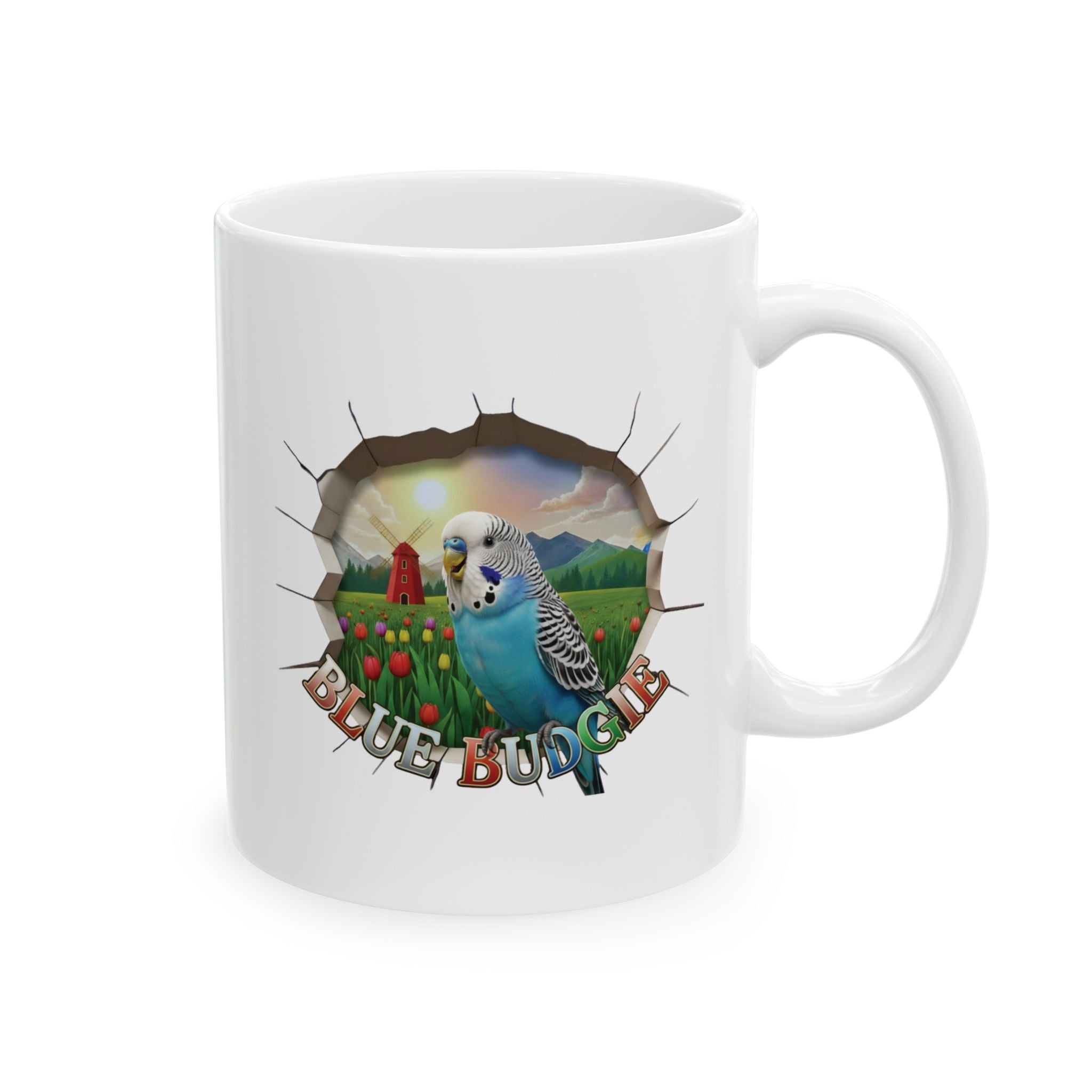 Blue Budgie Tulip Field Mug