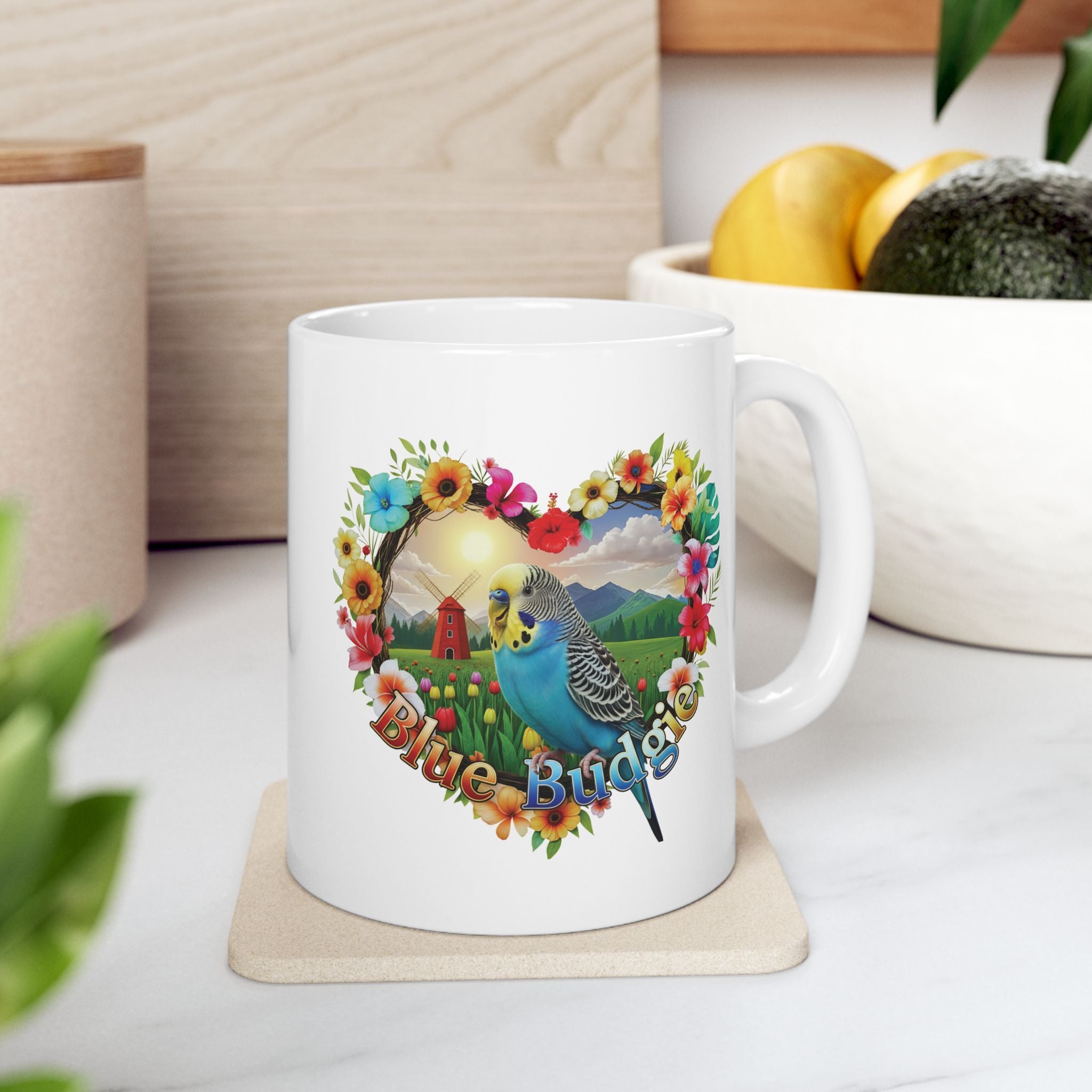 Blue Budgie Garden Scene Mug