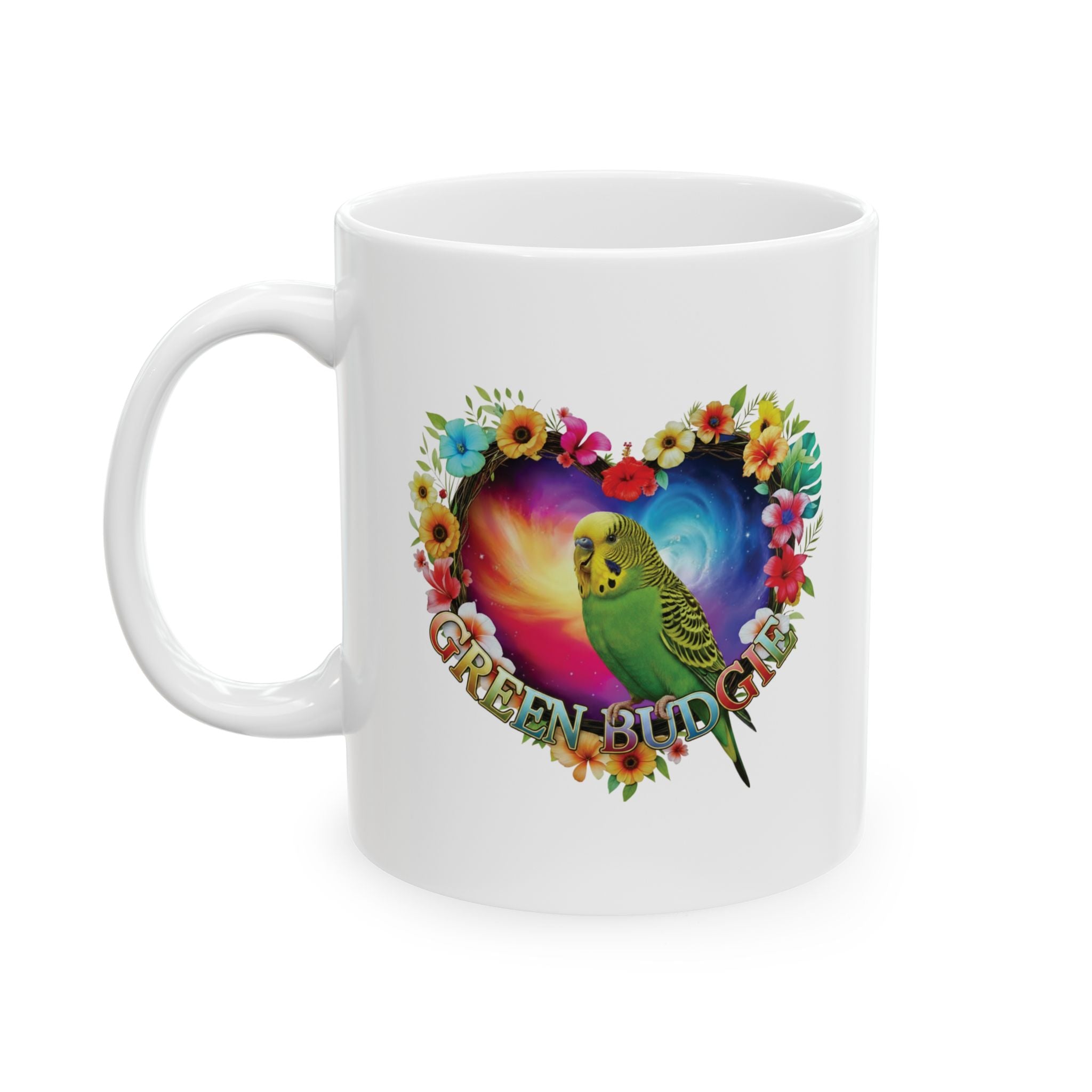 Green Budgie Galaxy Heart Mug