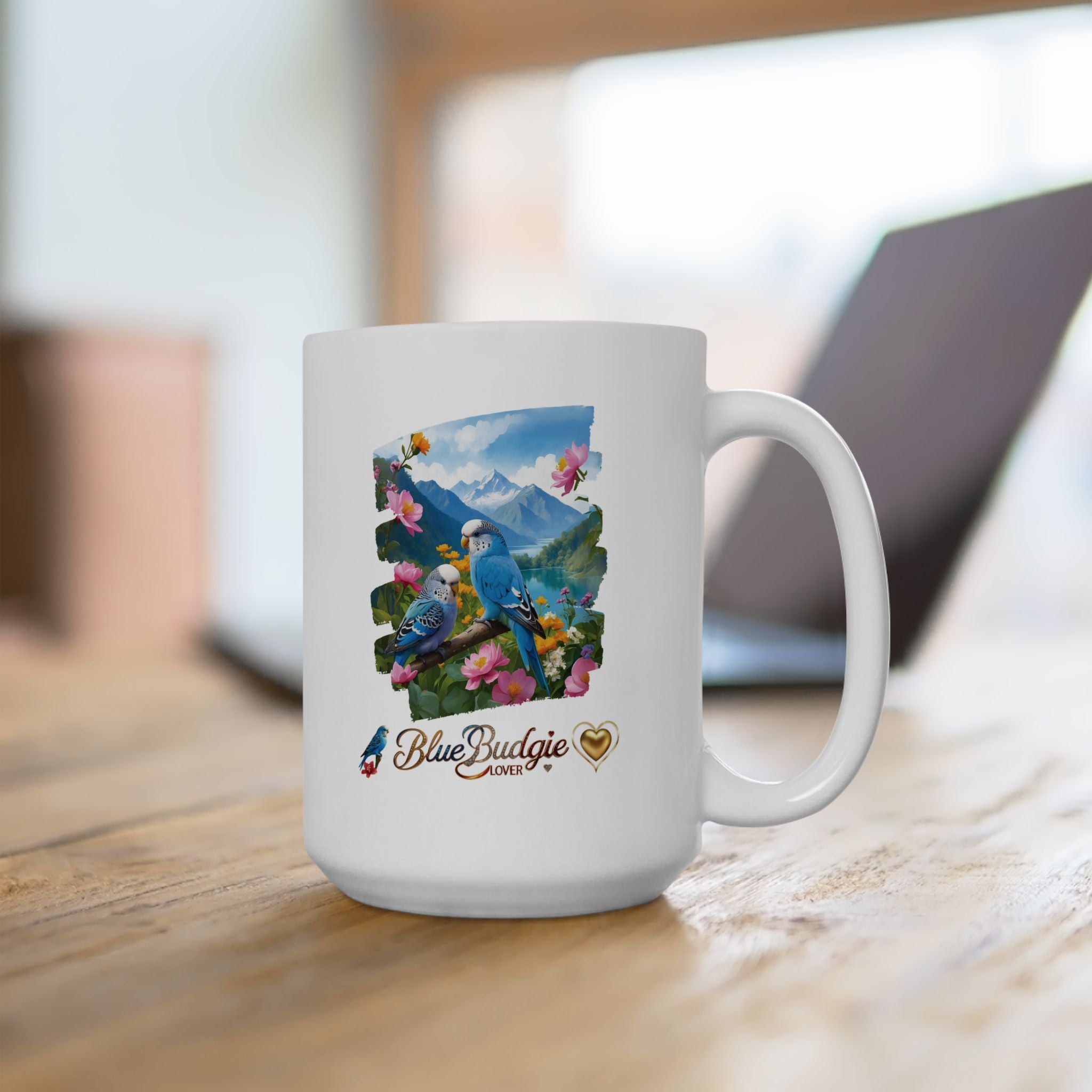 Mountain Blue Budgie Lover Floral Mug