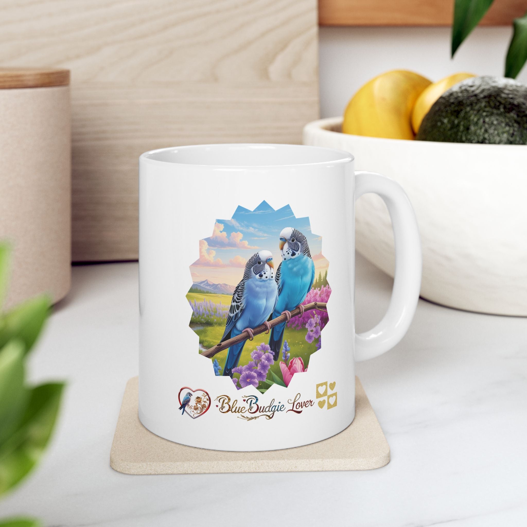 Blue Budgie Lover Floral Scenic Mug