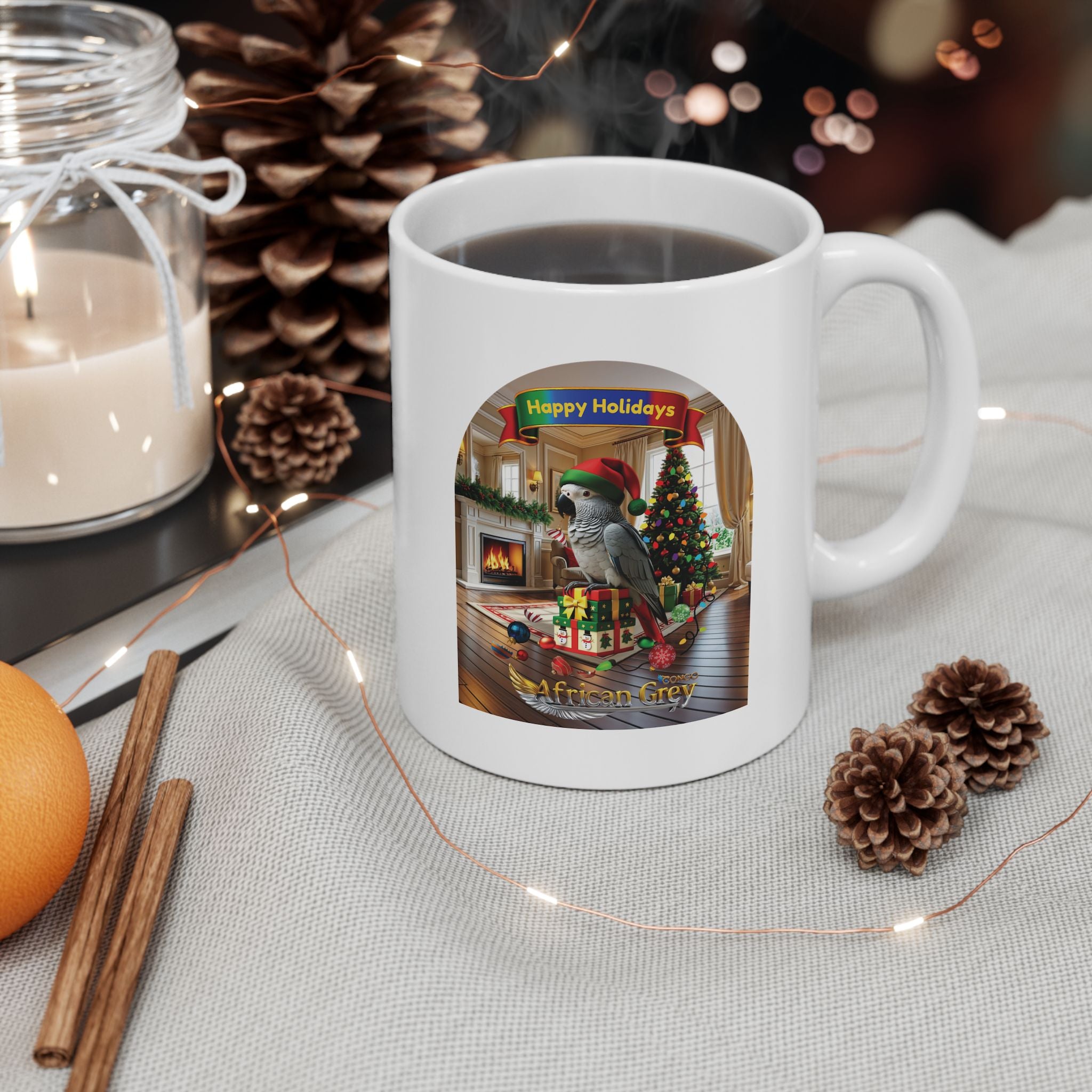 Happy Holidays African Grey Mug