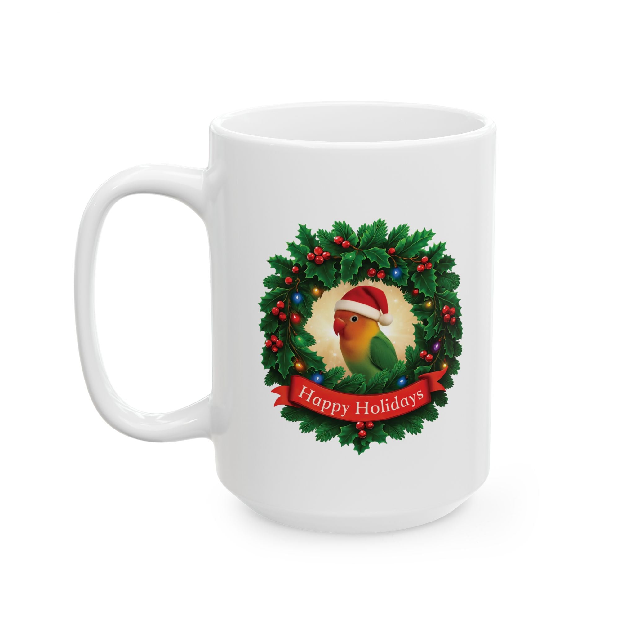 Happy Holidays Lovebird Wreath Mug