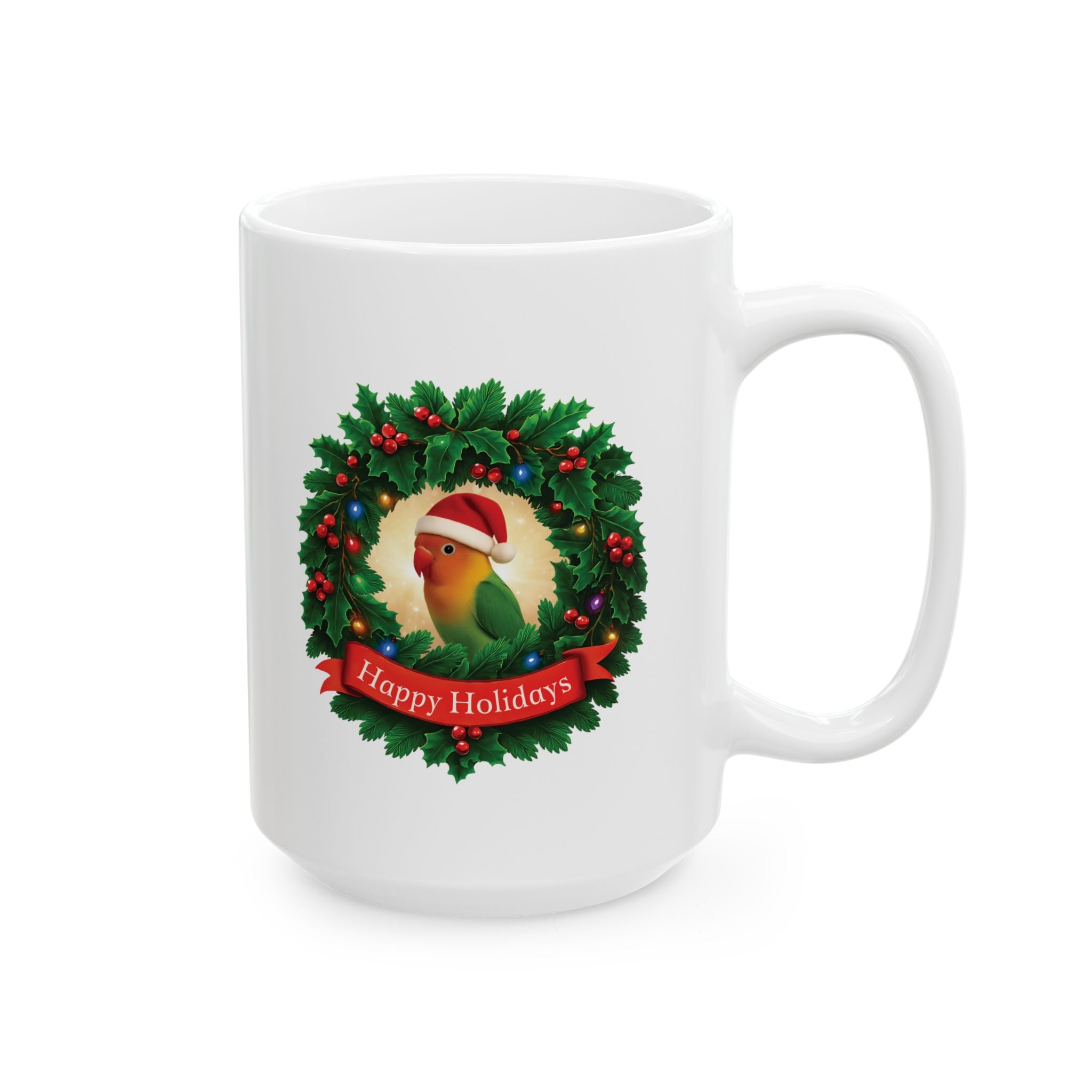 Happy Holidays Lovebird Wreath Mug