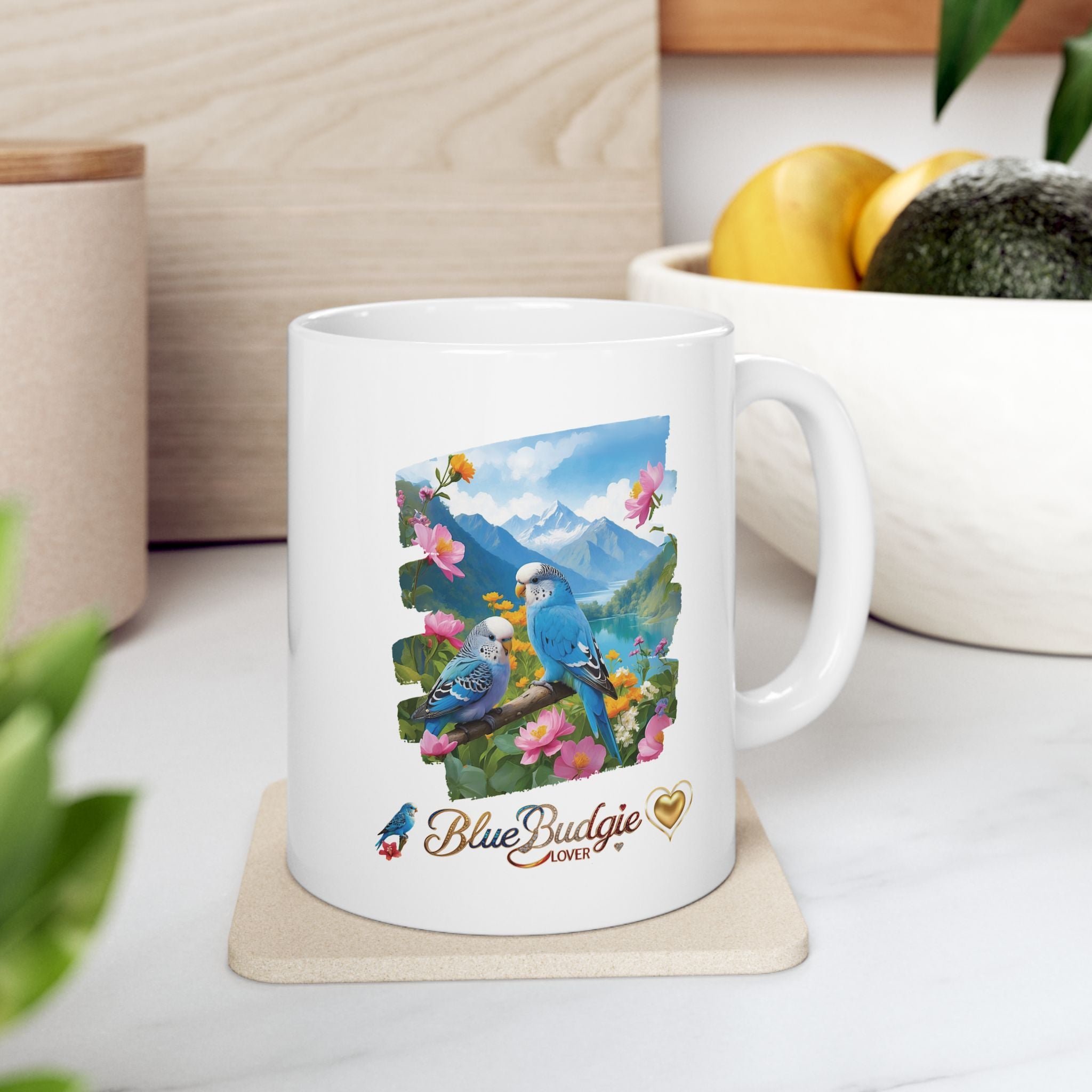 Mountain Blue Budgie Lover Floral Mug