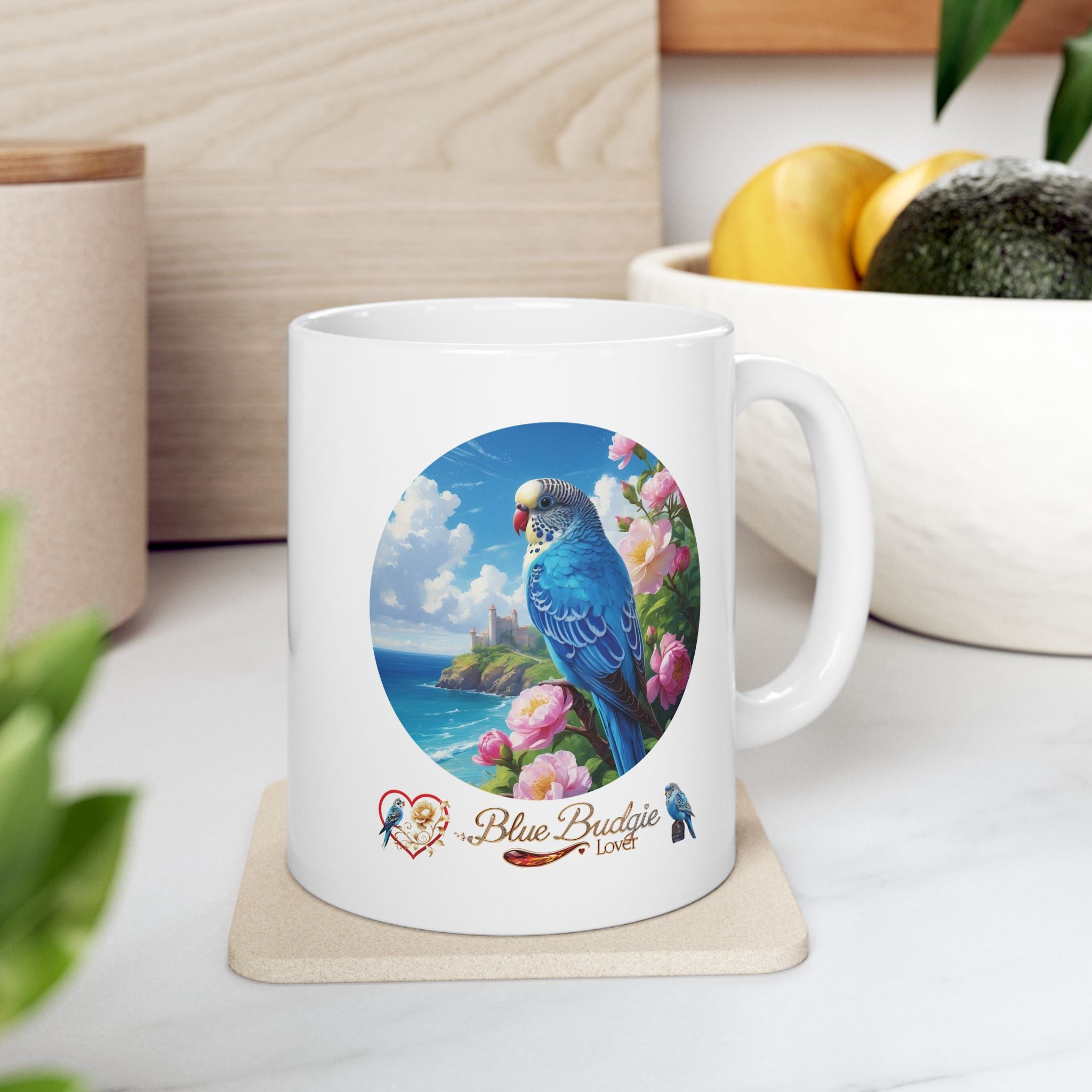 Blue Budgie Lover Floral Lake Mug