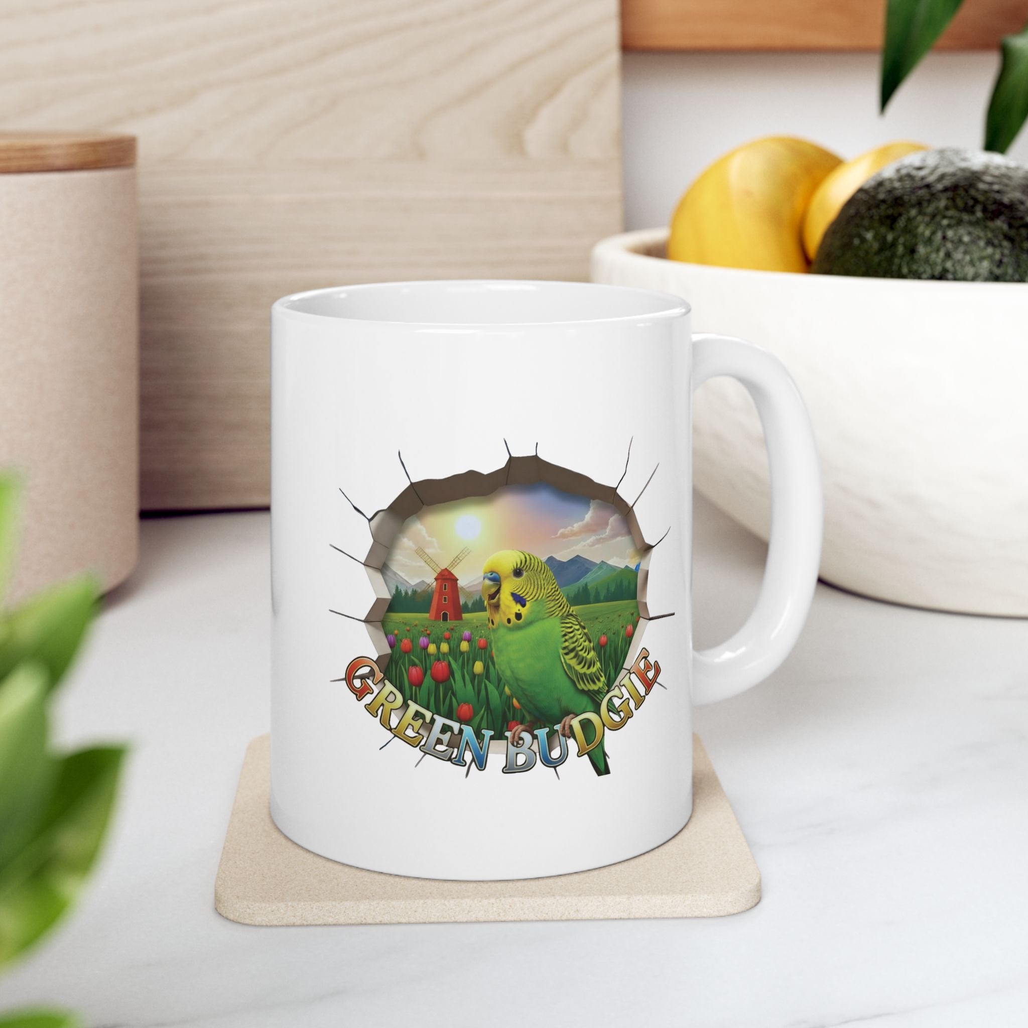Green Budgie Tulip Field Mug