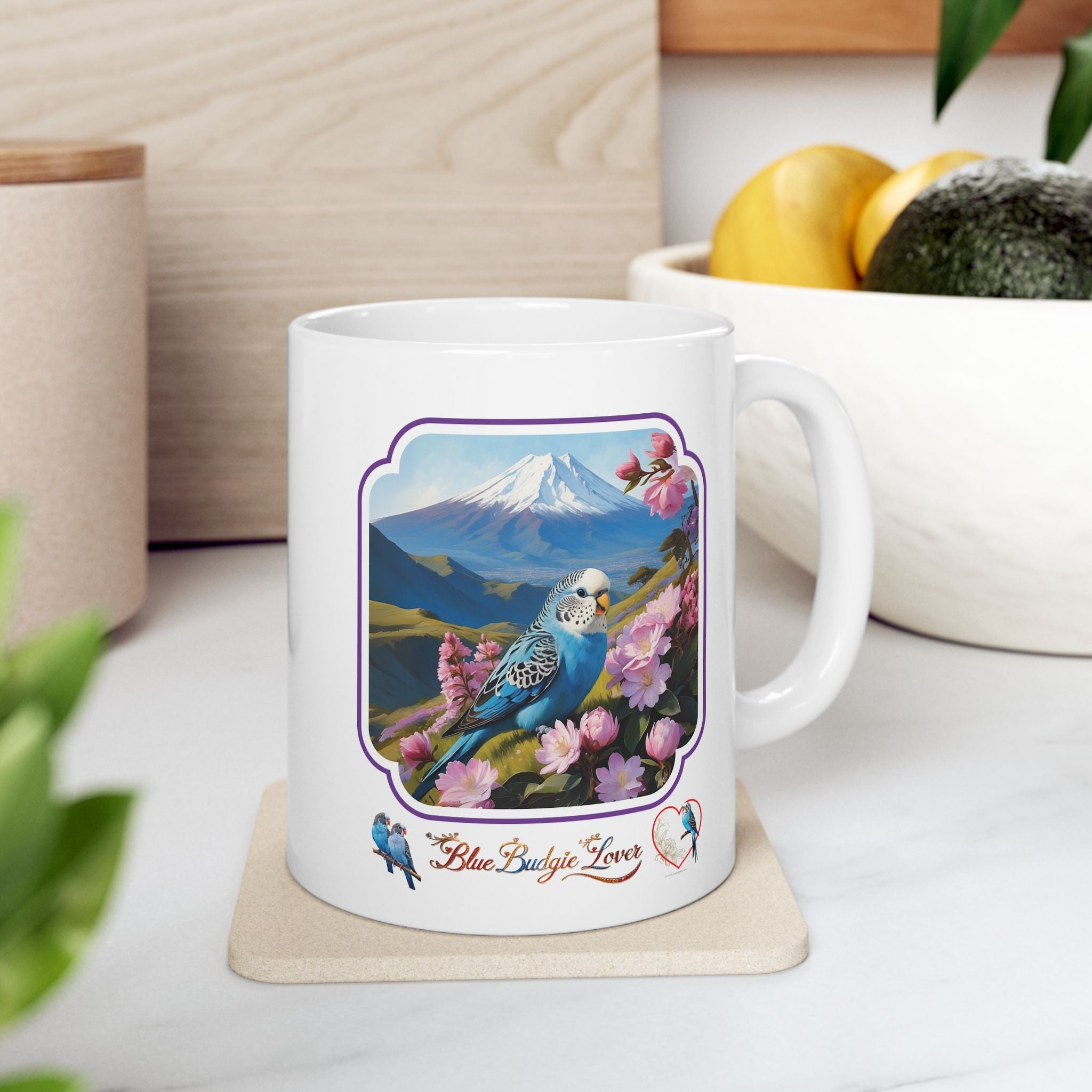 Blue Budgie Lover Mountain Floral Mug