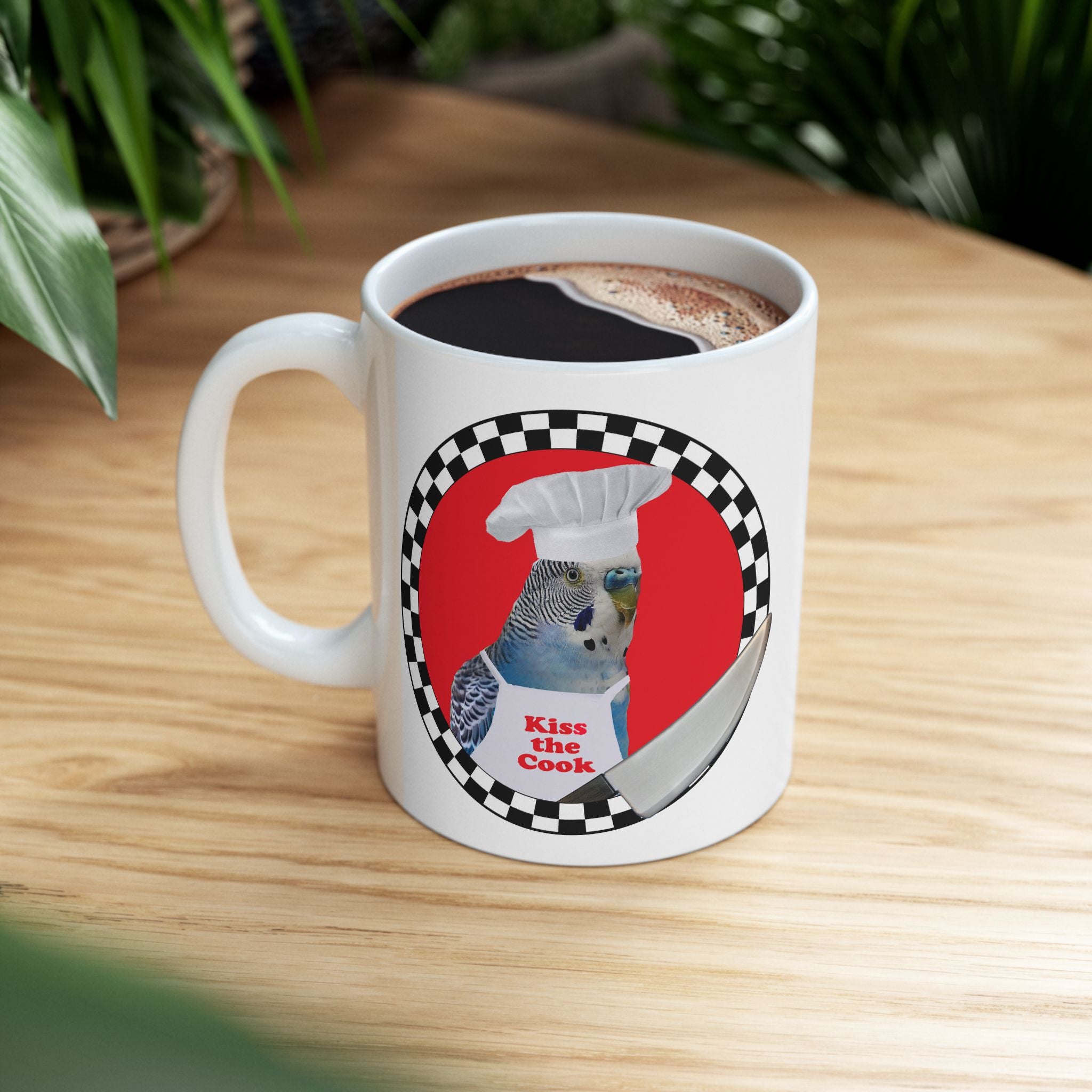 Kiss The Cook Blue Budgie Mug