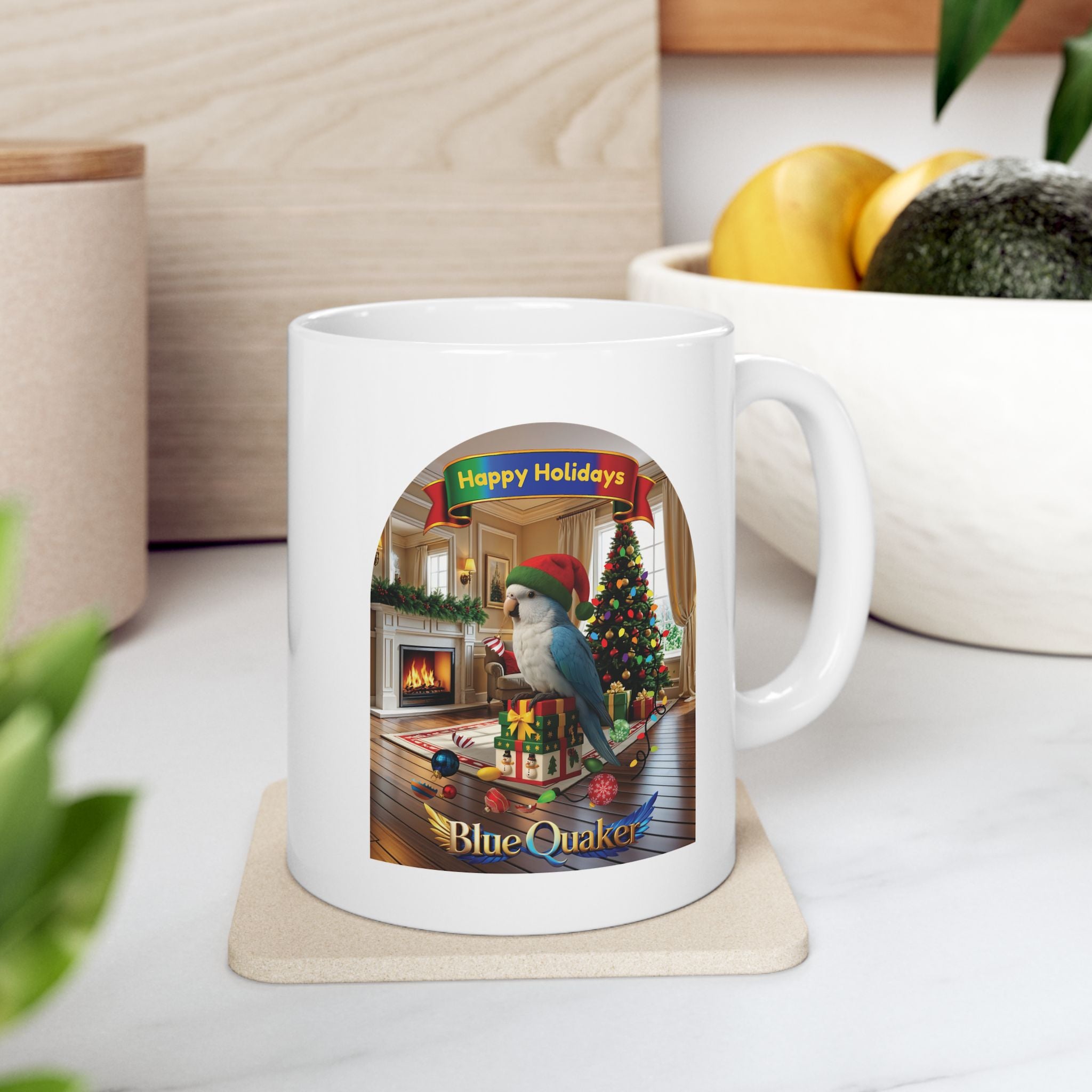 Happy Holidays Blue Quaker Mug