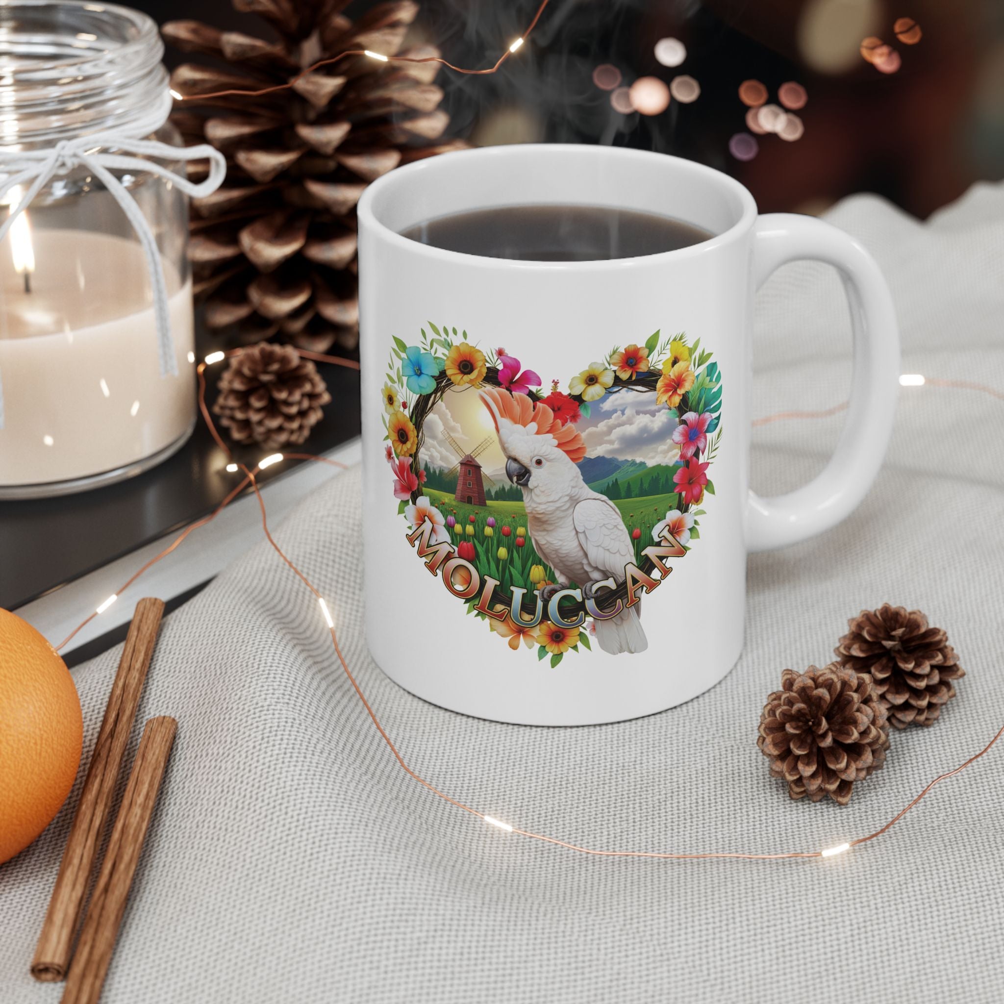 White Moluccan Floral Heart Mug