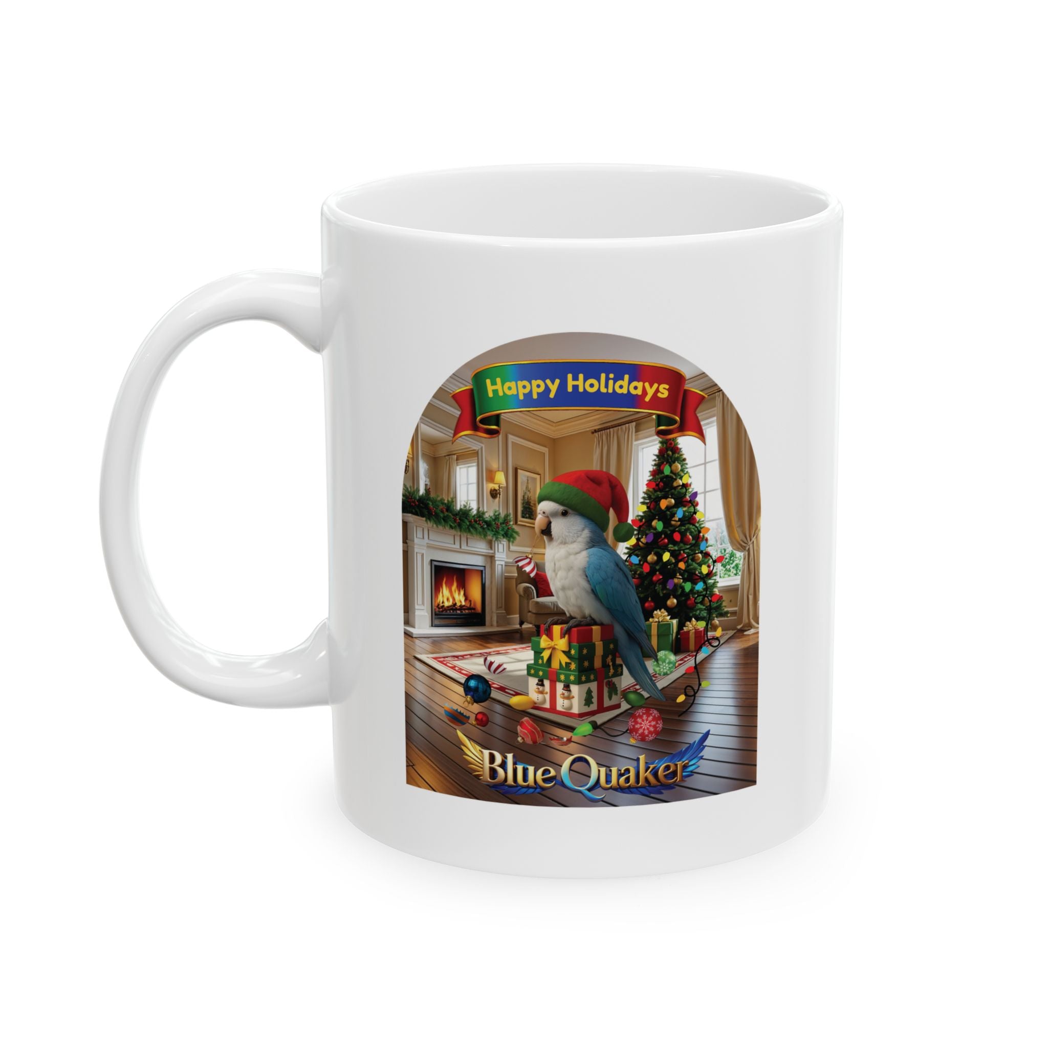 Happy Holidays Blue Quaker Mug