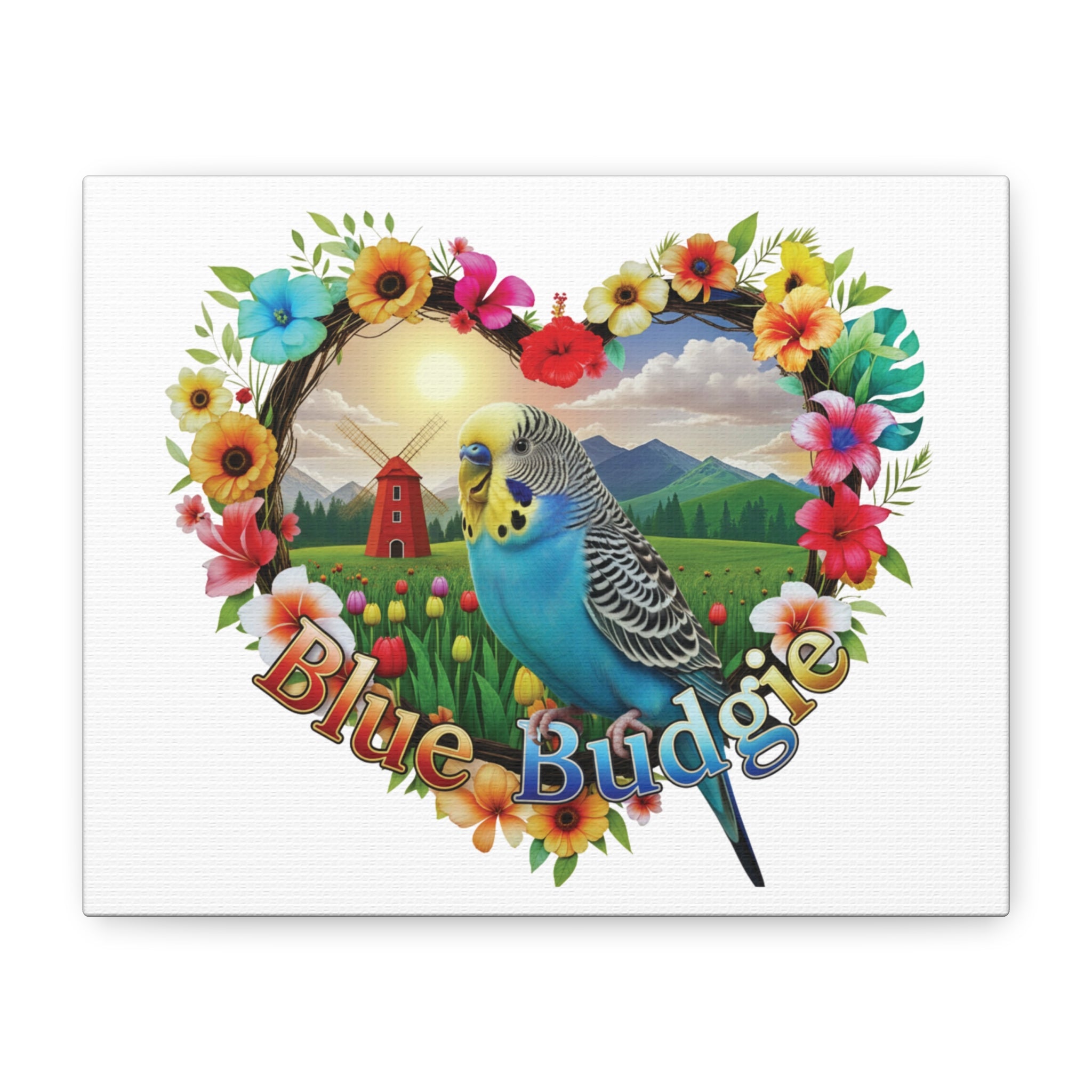 Blue Budgie Floral Heart Wall-Hanging