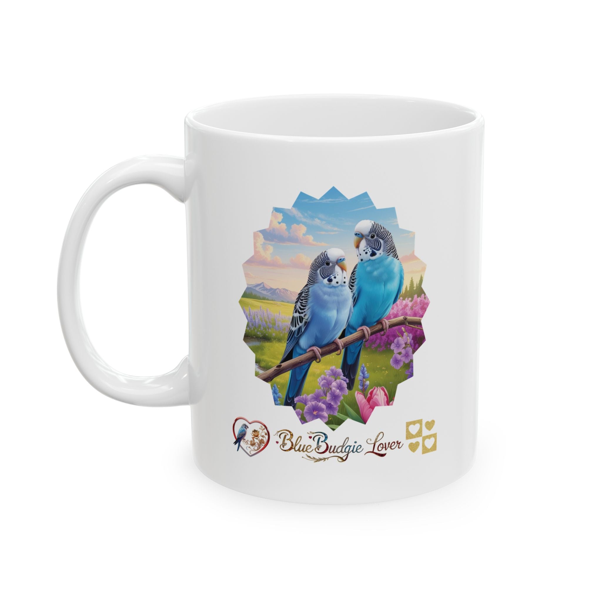 Blue Budgie Lover Floral Scenic Mug