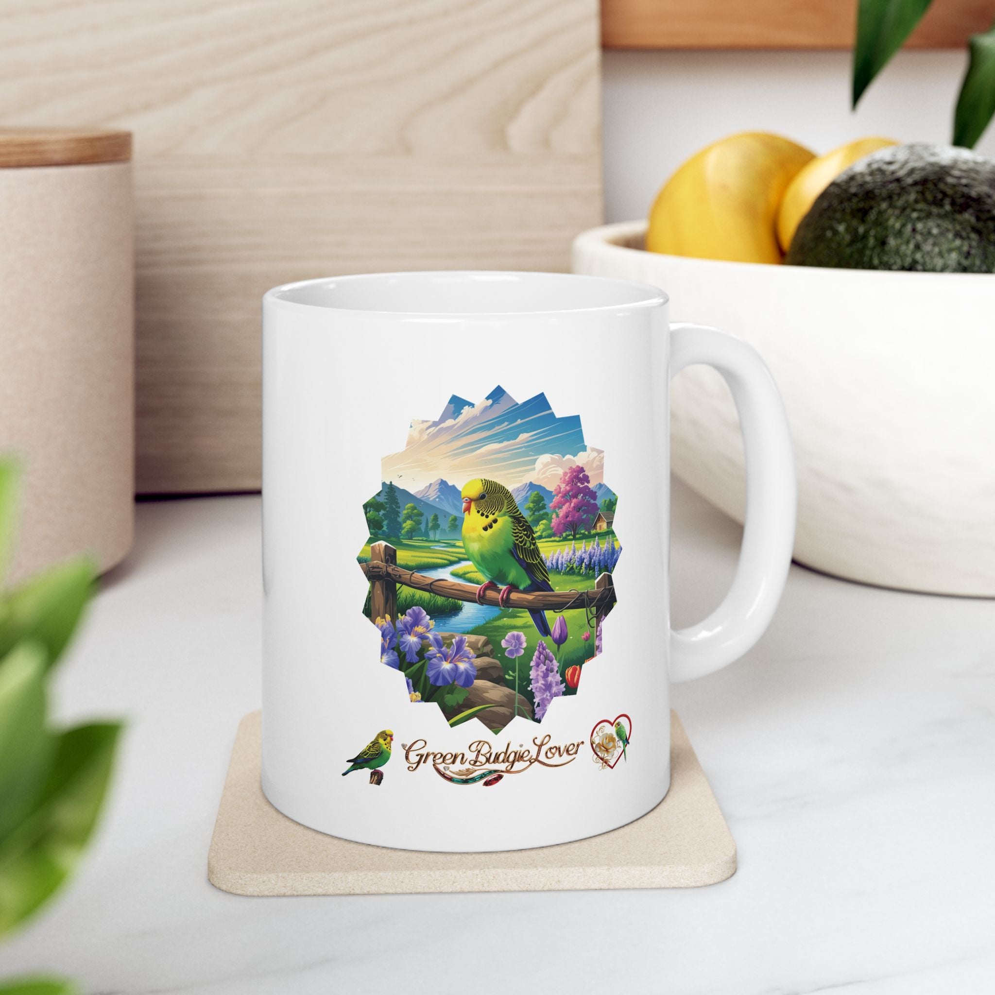 Green Budgie Lover Floral Scenic Mug