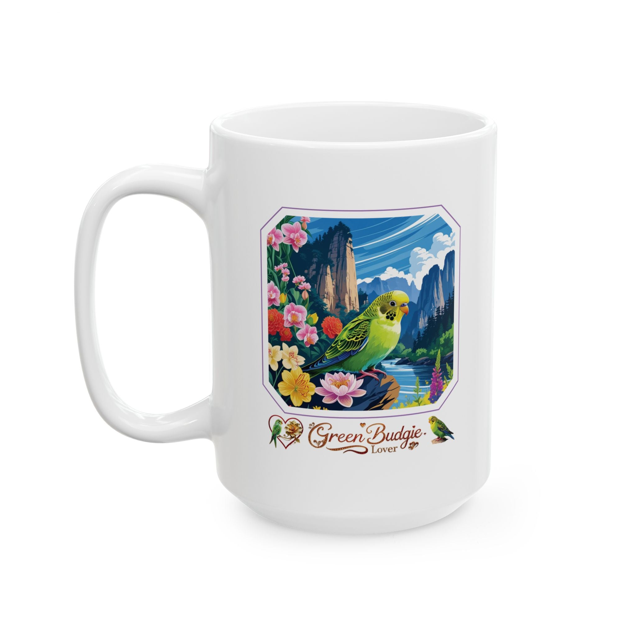 Green Budgie Spring Mountain Mug
