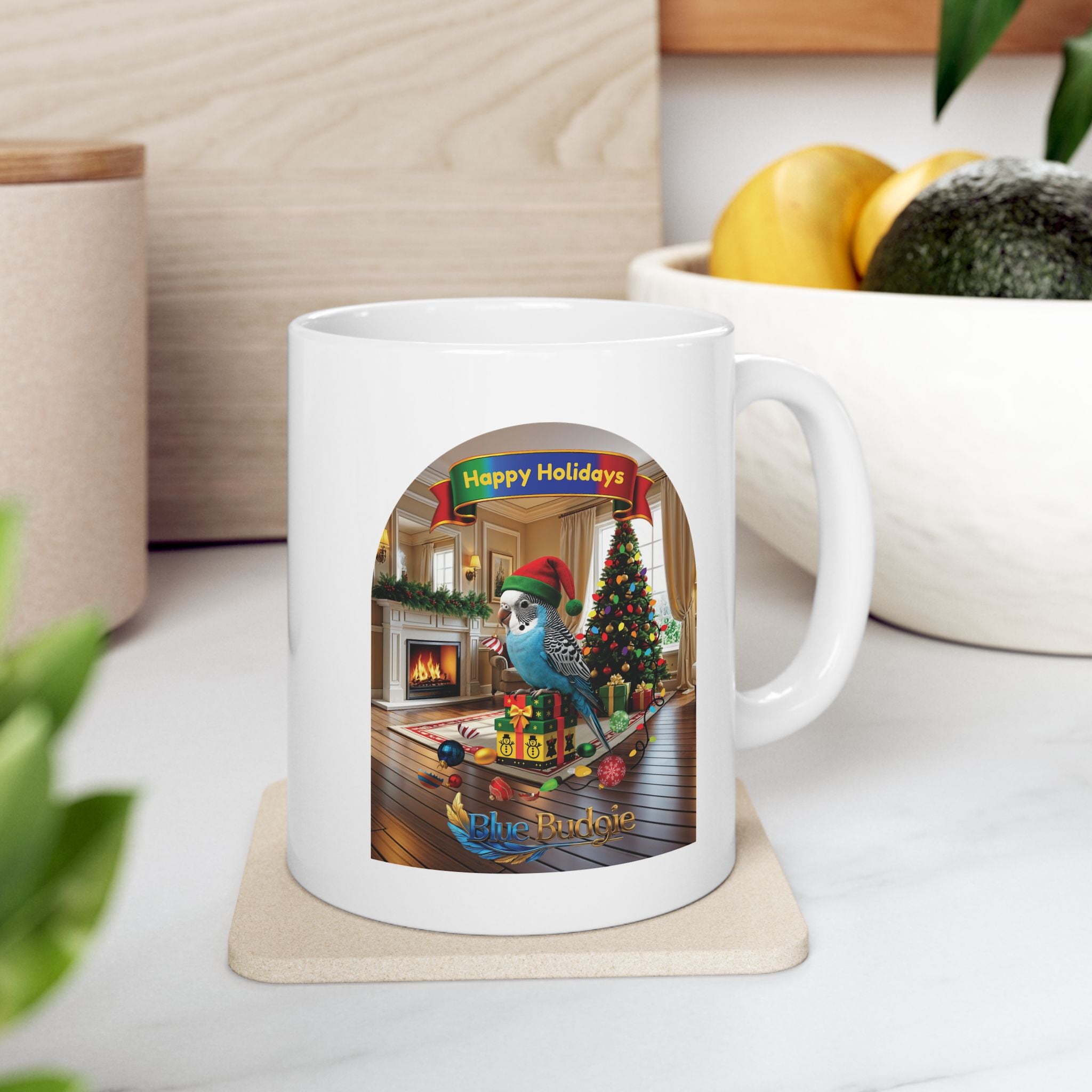 Happy Holidays Blue Budgie Mug
