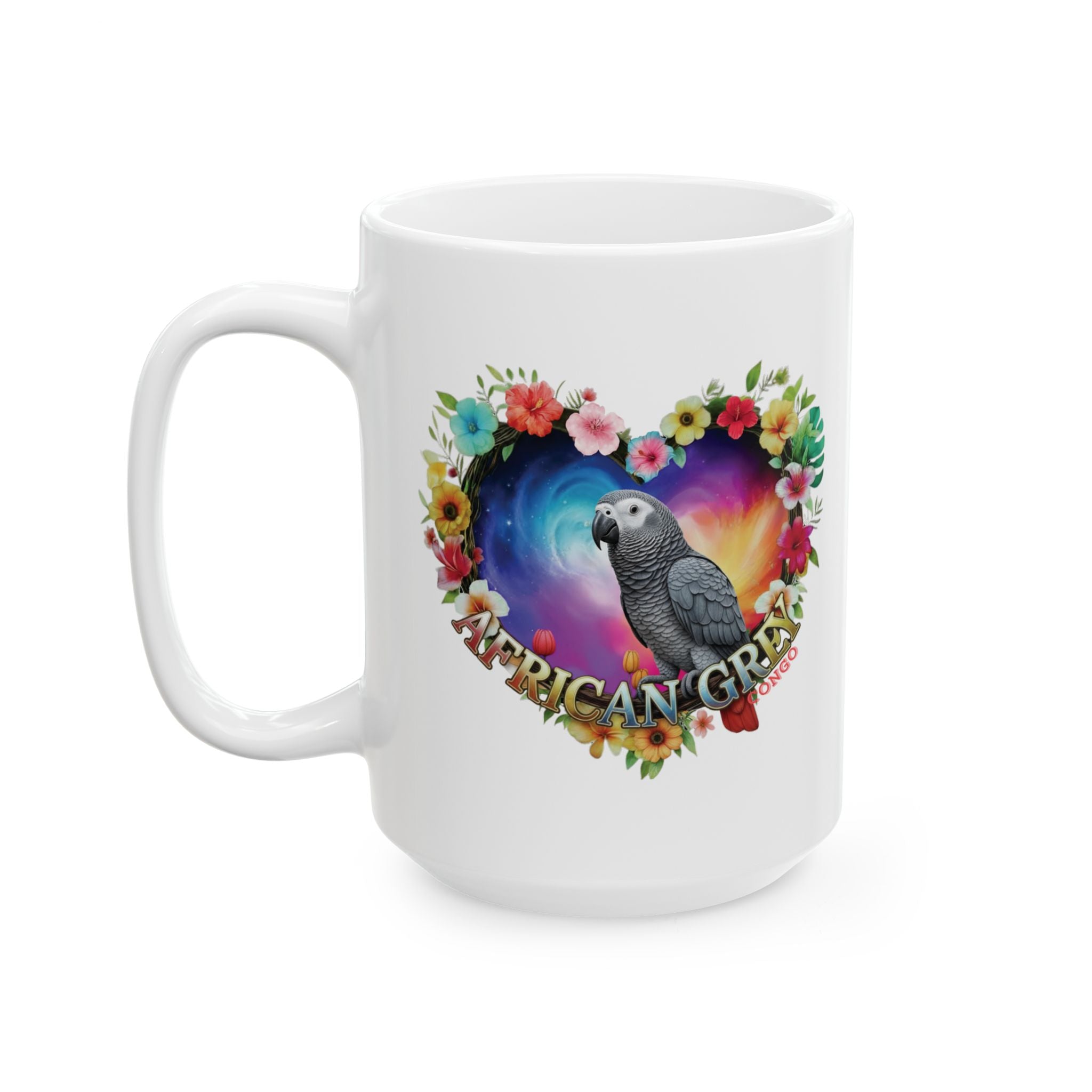 African Grey Floral Heart Mug
