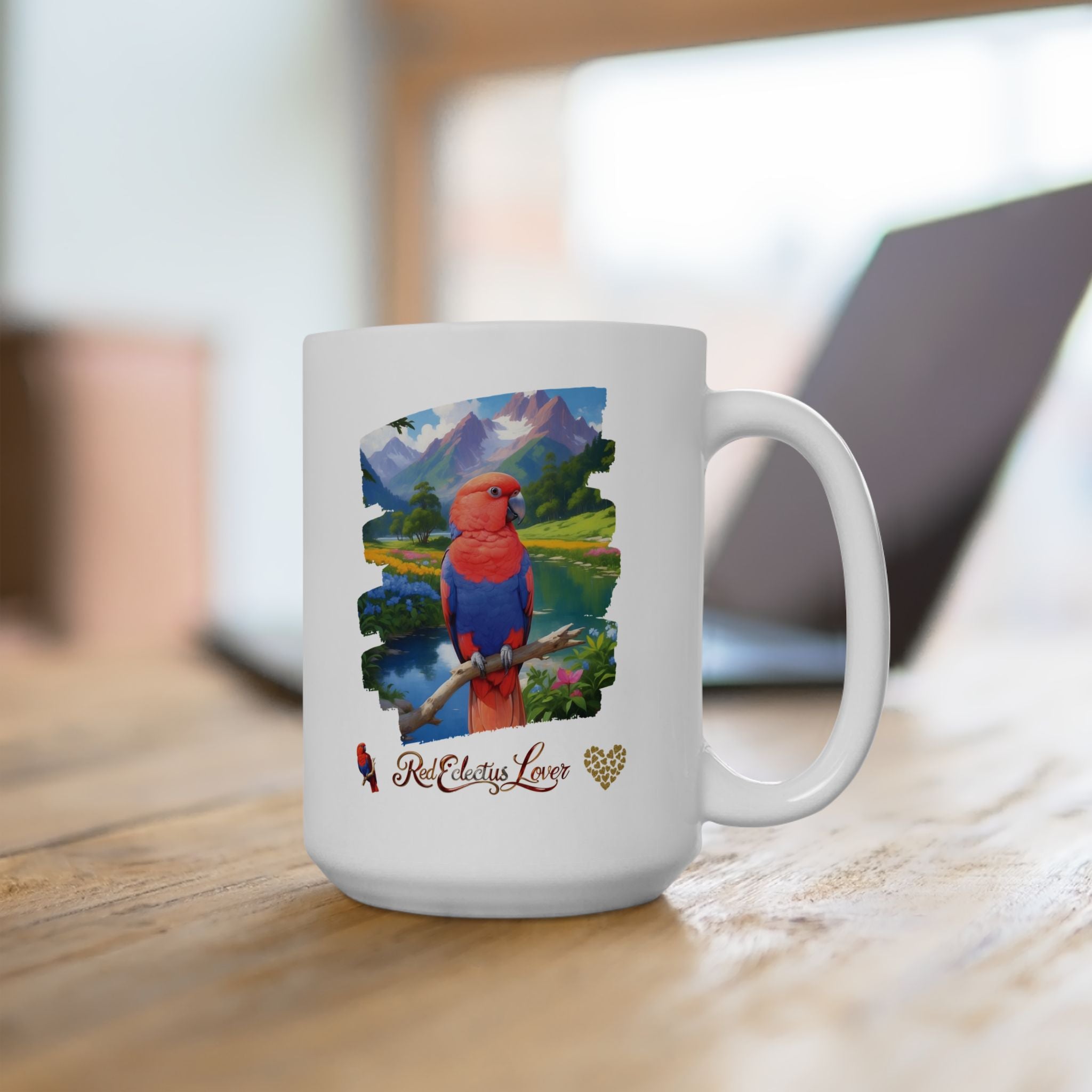 Red Eclectus Lover Mountain Lake Mug