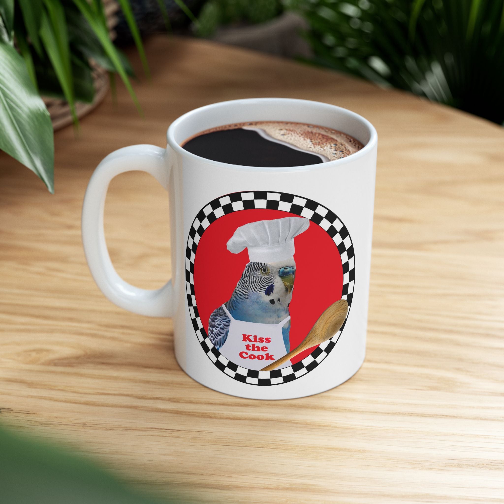 Kiss The Cook Spoon Blue Budgie Mug