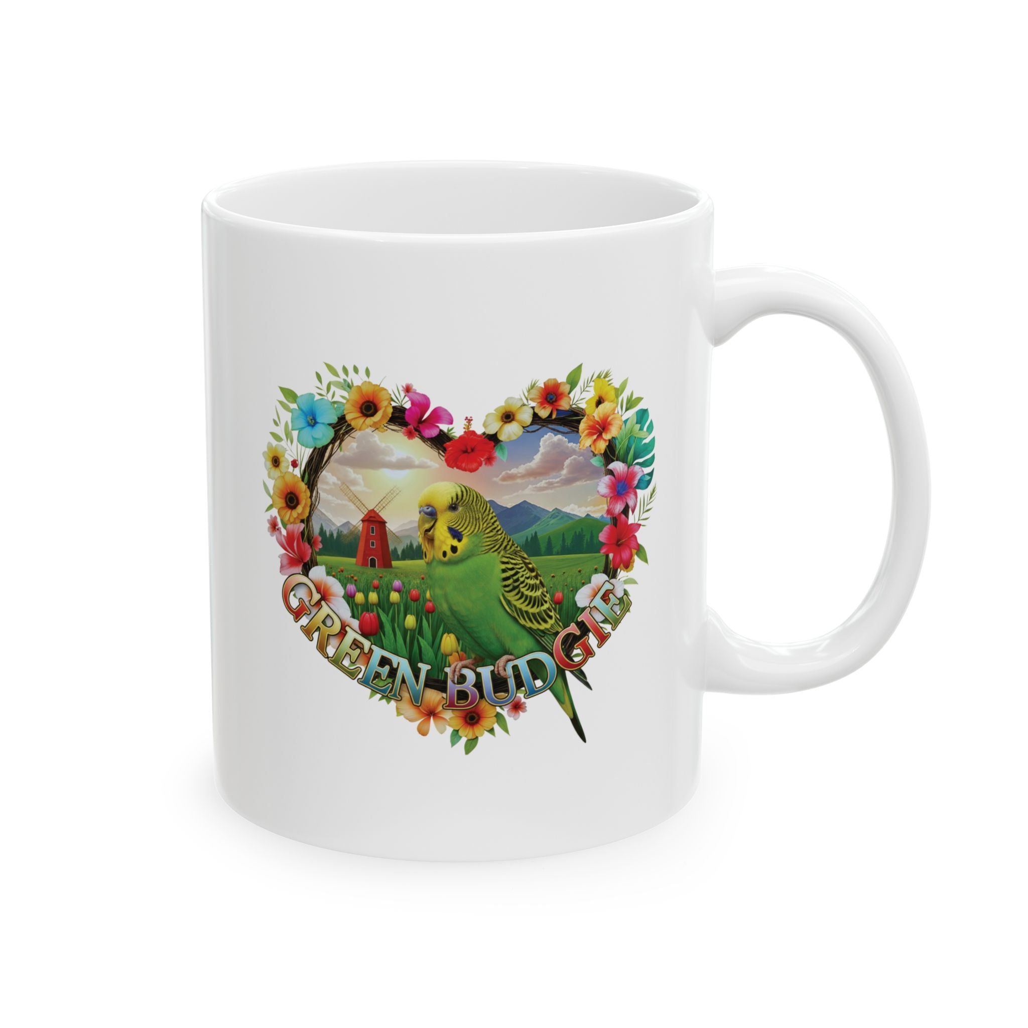 Green Budgie Floral Mug