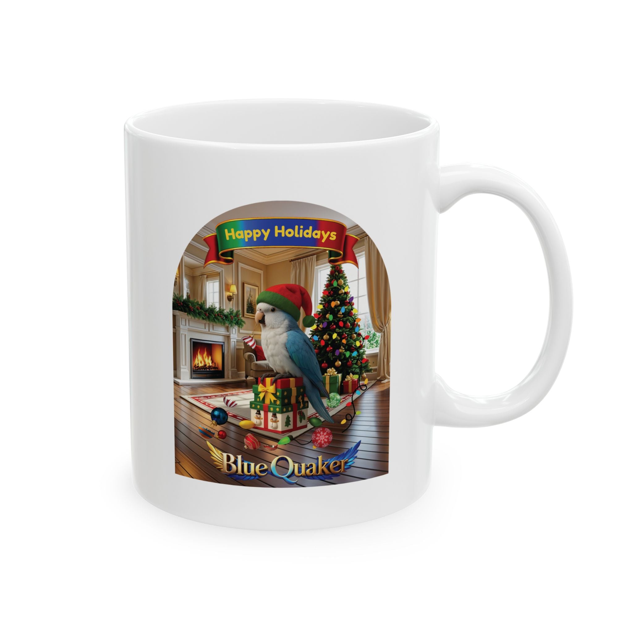 Happy Holidays Blue Quaker Mug