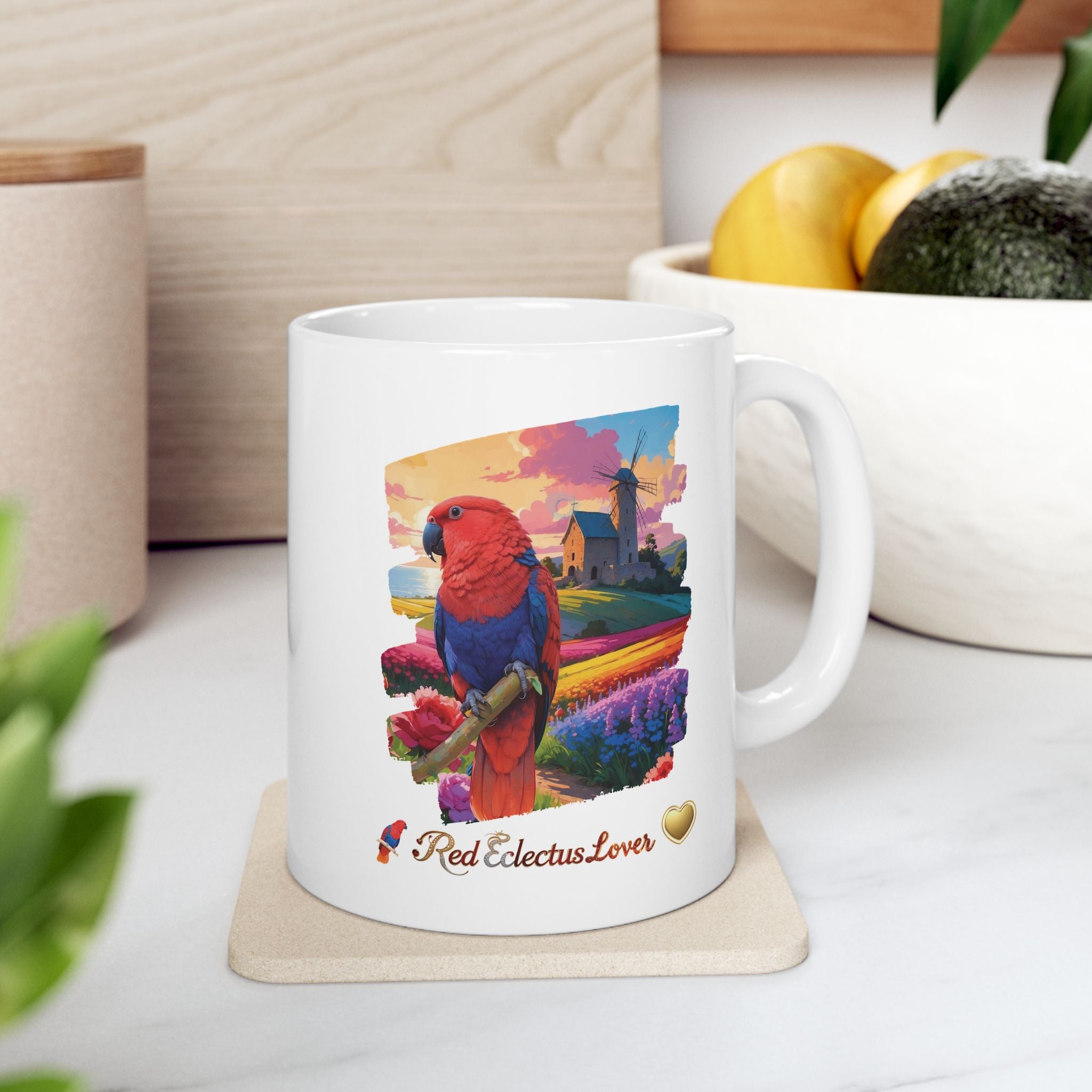 Colorful Red Eclectus Lover Floral Mug