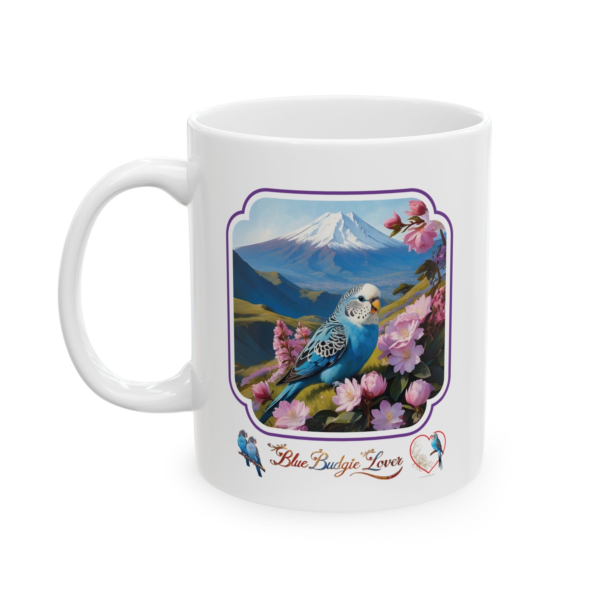 Blue Budgie Lover Mountain Floral Mug