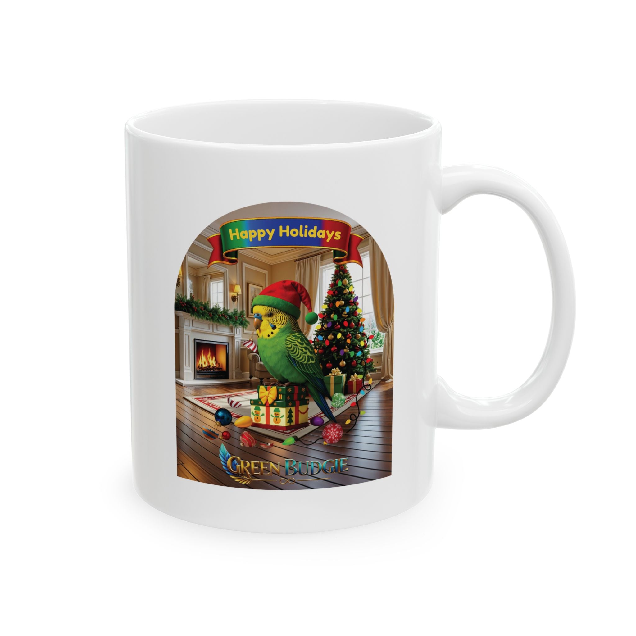 Happy Holidays Green Budgie Mug