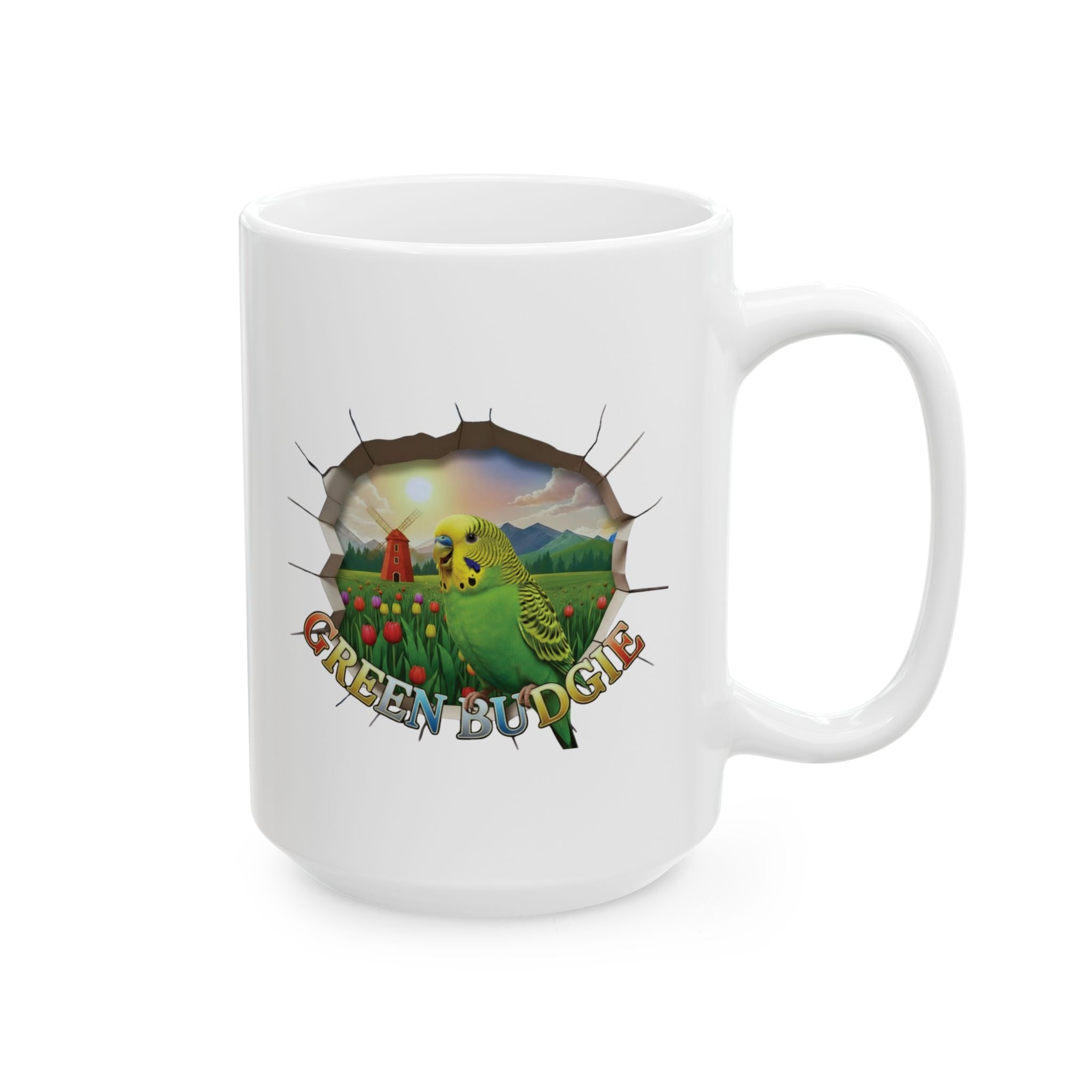 Green Budgie Tulip Field Mug