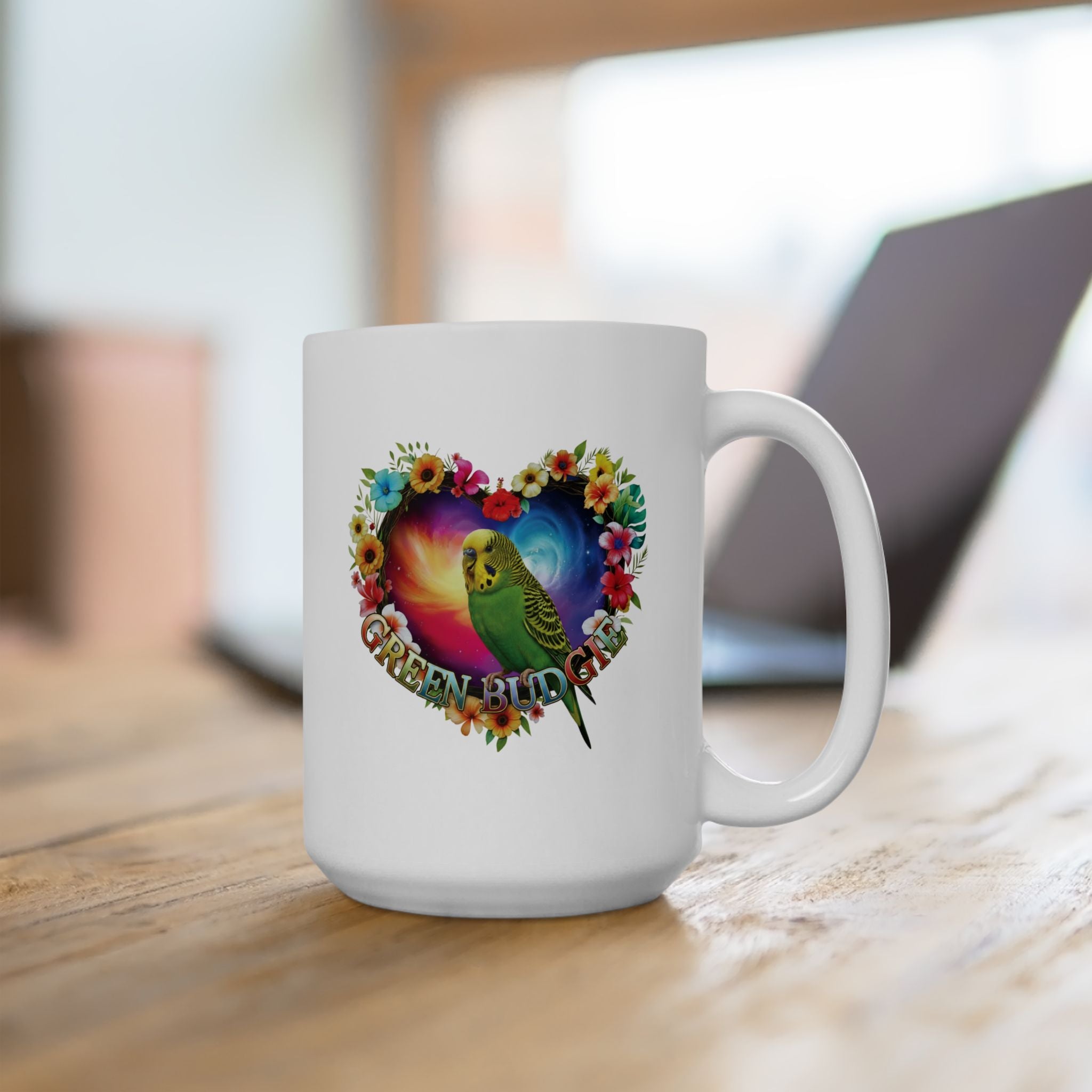 Green Budgie Galaxy Heart Mug
