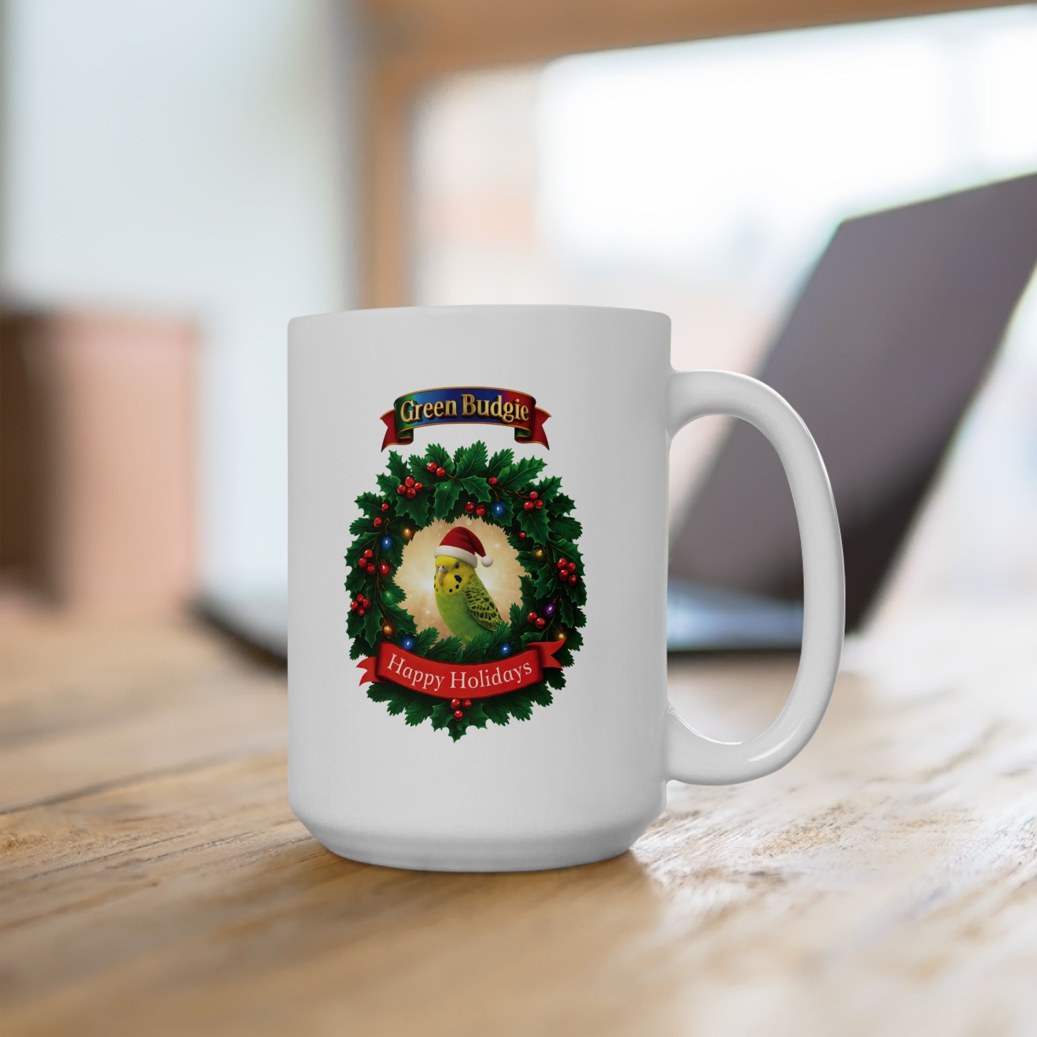 Green Budgie Happy Holidays Mug