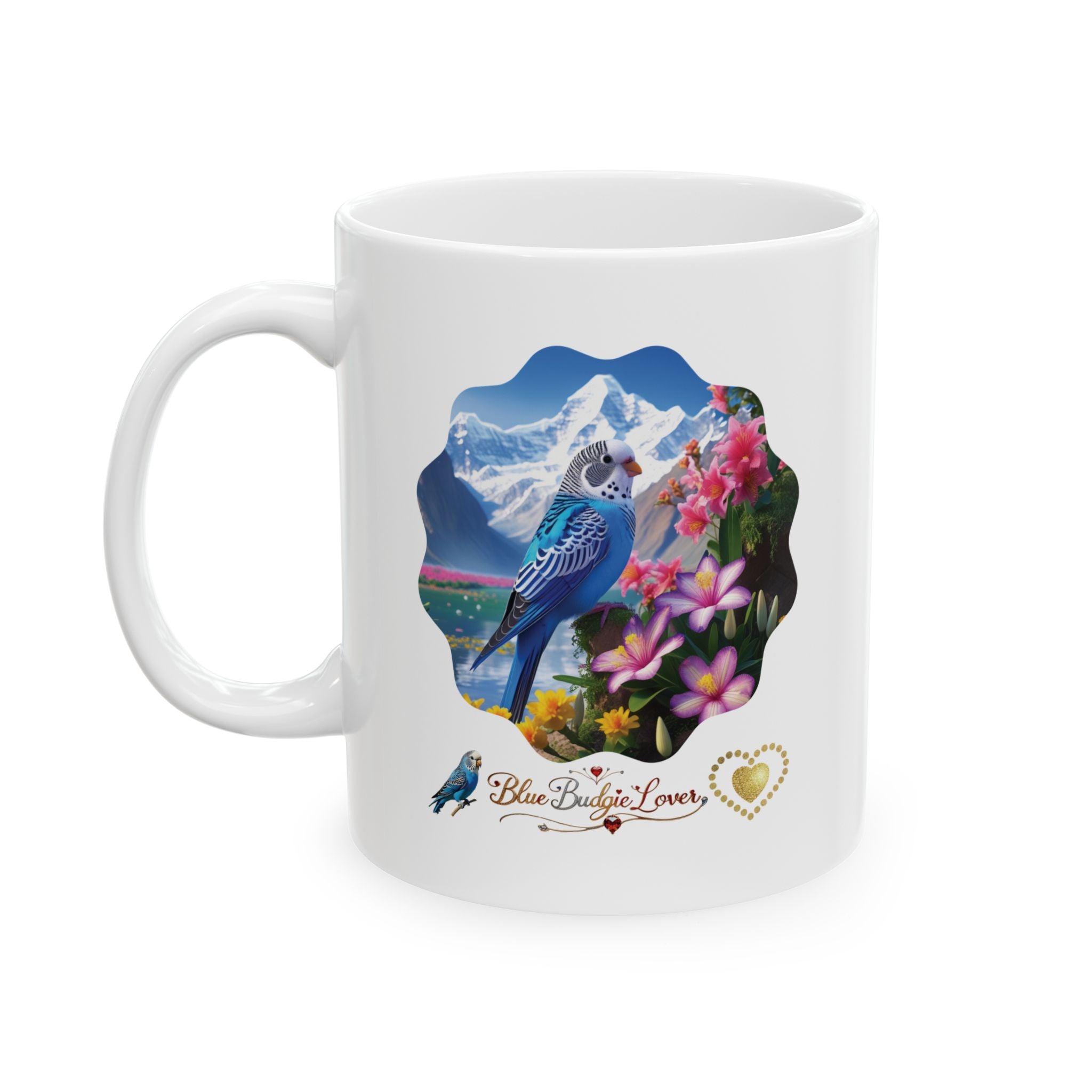 Blue Budgie Lover Mountain Floral Mug